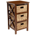 Ehemco 3 Tier X-Side End Storage Cabinet With 3 Wicker Baskets, Walnut