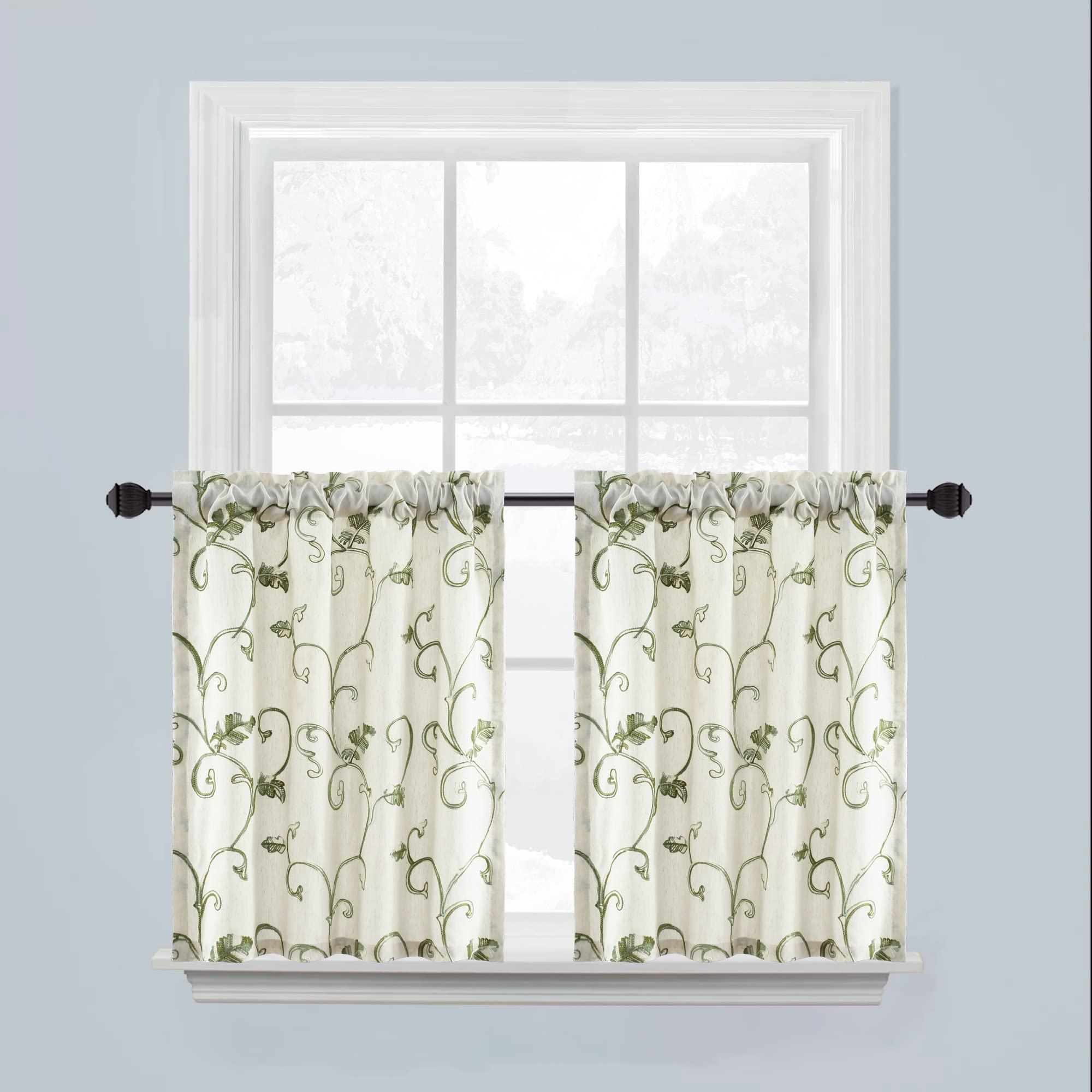 Vogol 30 Inch Length Linen Kitchen Curtains, Green Vines Embroidered Botanical Tier Curtain Set, Light Filtering Tier Curtains F
