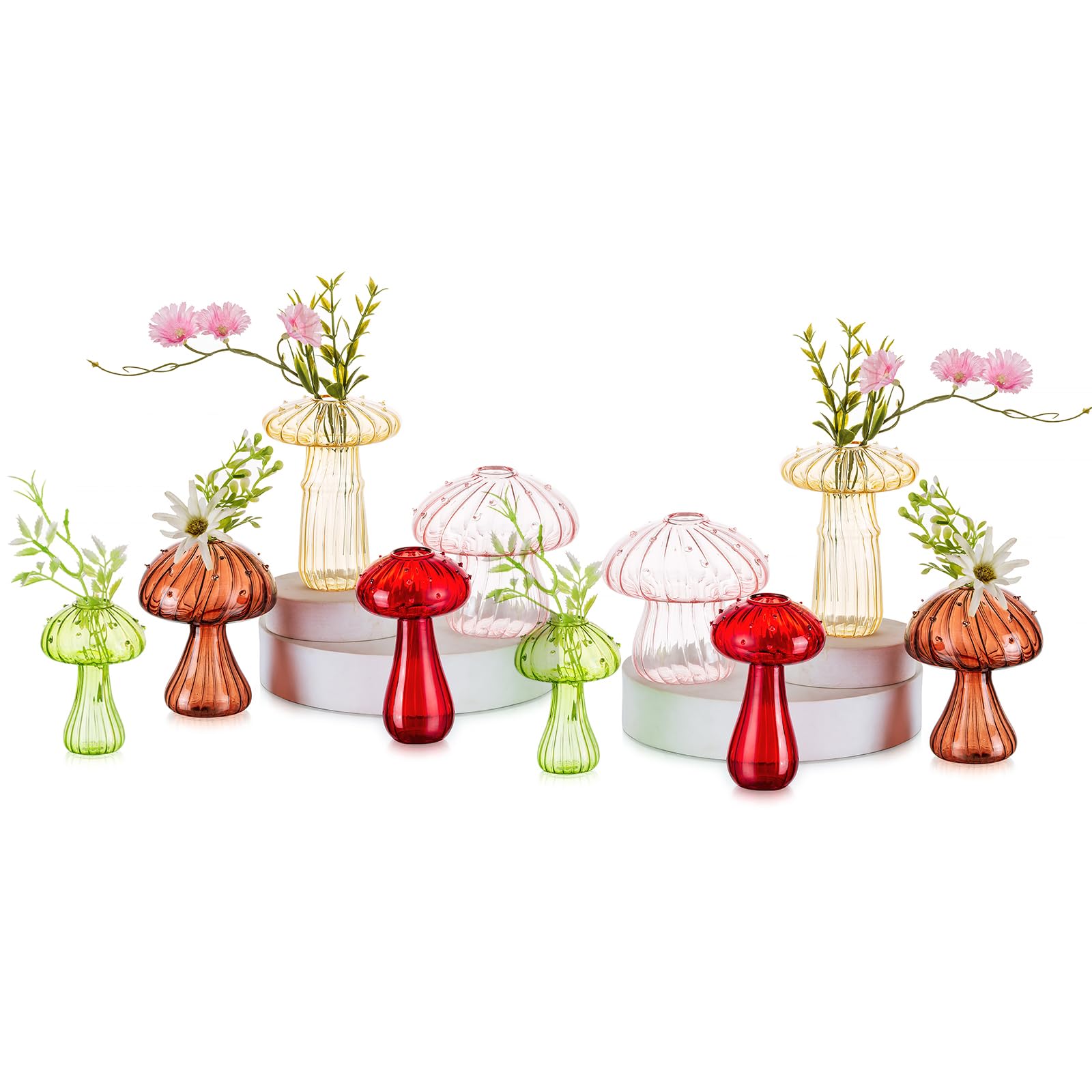 Hewory Glass Mushroom Vase for Flowers, 10pcs Colored Small Bud Flower Vases Unique, Mushroom Propagation Hydroponic Vases, Funk