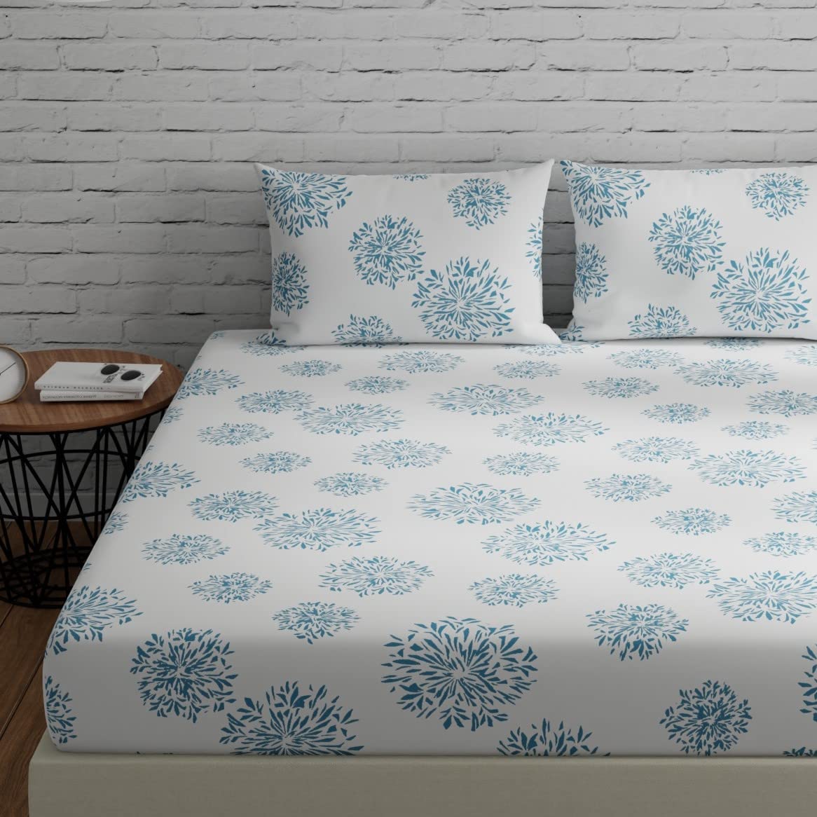 Huesland By Ahmedabad Cotton 144 Tc Bedsheet Queen Size Bed Cotton With 2 Pillow Covers  White (Blue Print)