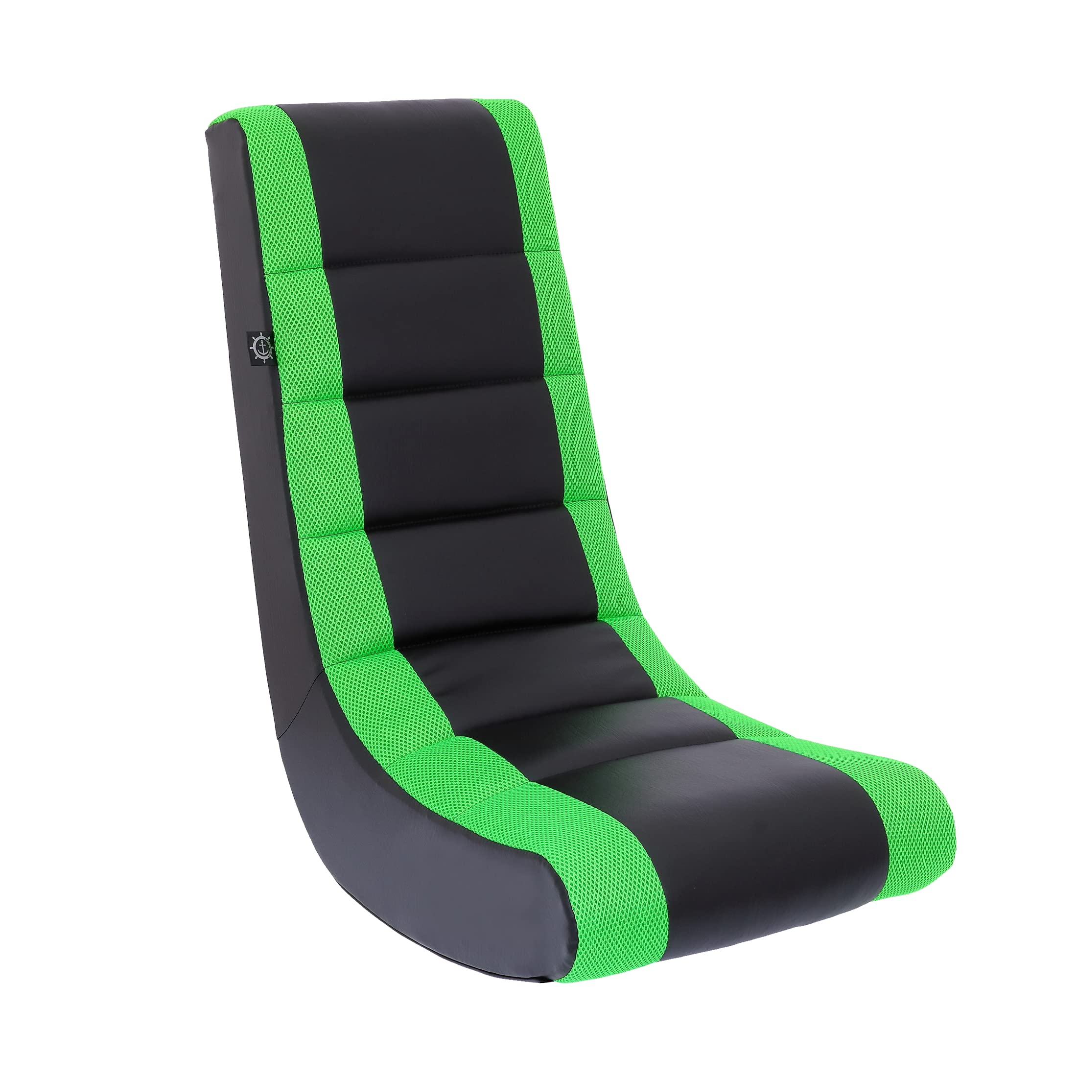 The Crew Furniture Classic Video Rocker Floor Gaming Chair, Kids And Teens, Racing Stripe Pu Faux Leather & Polyester Mesh, Black/Green