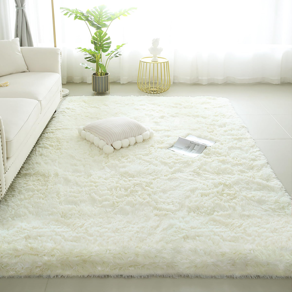 KCHOWUA Cream Fluffy Area Rugs for Living Room,6x9ft,Machine Washable Plush Furry Fuzzy Off White Large Rug for Bedroom,Modern S
