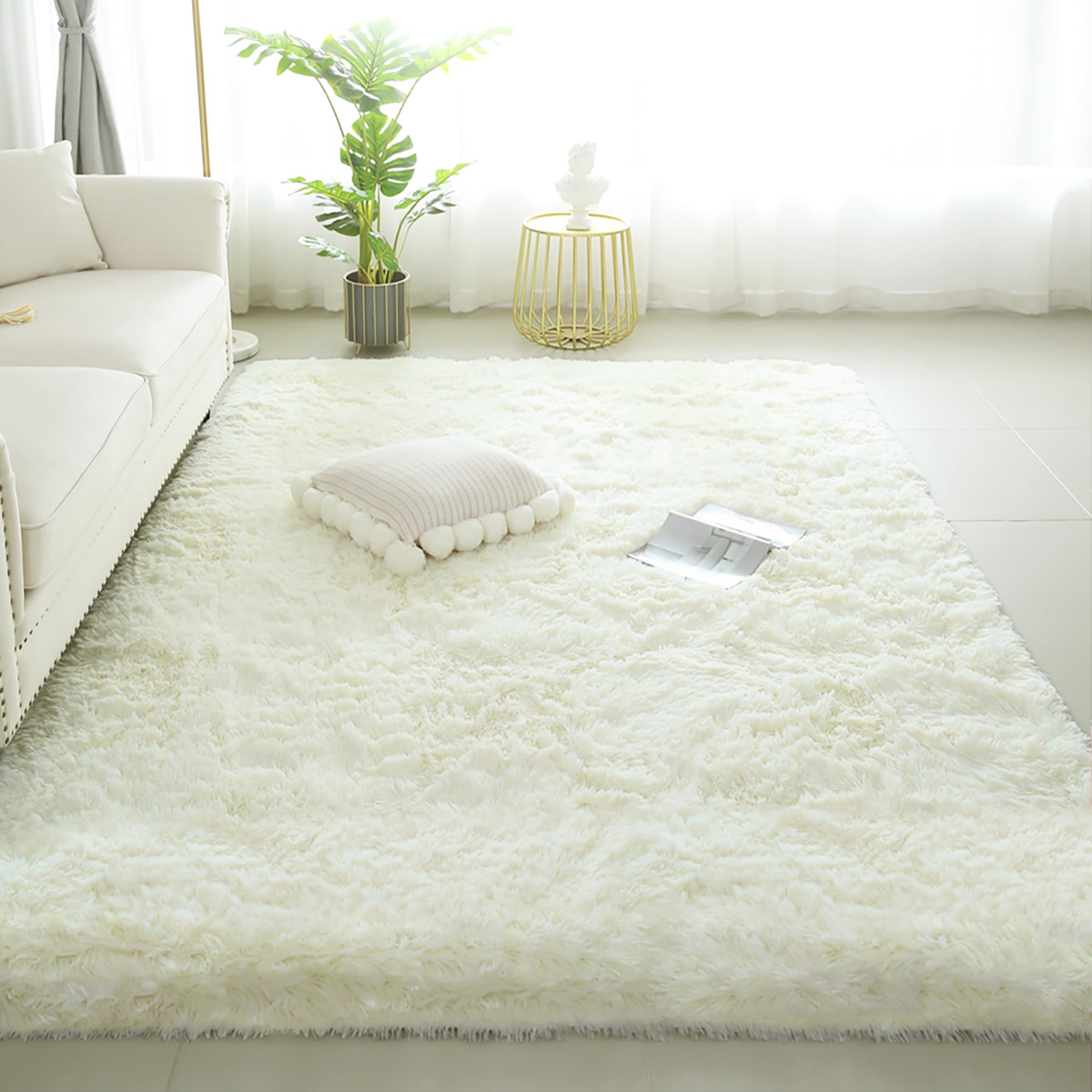 KCHOWUA Ceam Fluffy Shag Large Area Rugs for Living Room,5x8ft Off White Machine Washable Furry Fuzzy Rug for Bedroom,Modern Sof