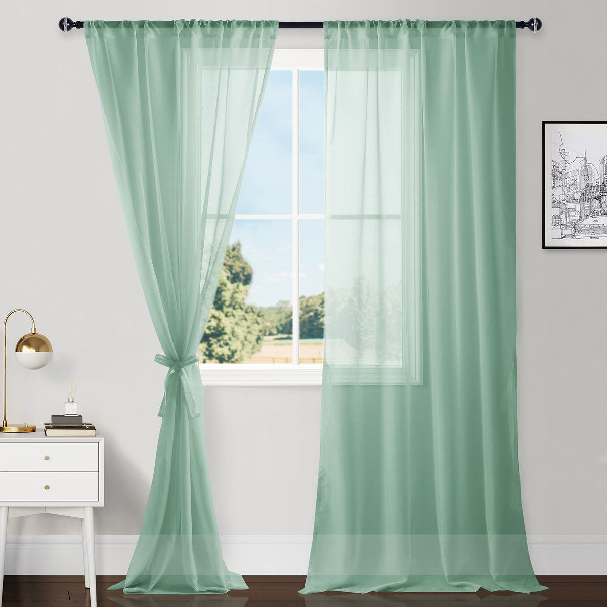 Hiasan Sheer Curtains 96 Inches Long With Tiebacks, Light Filtering Semi Transparent Lightweight Voile Rod Pocket Window Curtain