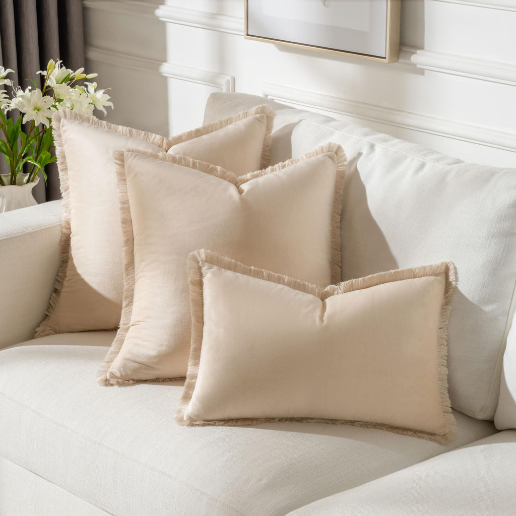 Futei Beige Boho Throw Pillow Covers With Tassels 18X18 Inch Set Of 2,Soft Velvet Decorative Cushion Case,Home Decor For Couch B