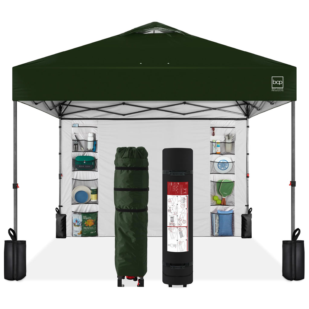 Best Choice Products 10X10Ft Easy Pop Up Canopy W/Side Wall, 10 Pockets, Portable Carrying Case, 1-Button Setup, 4 Weight Bags - Dark Green