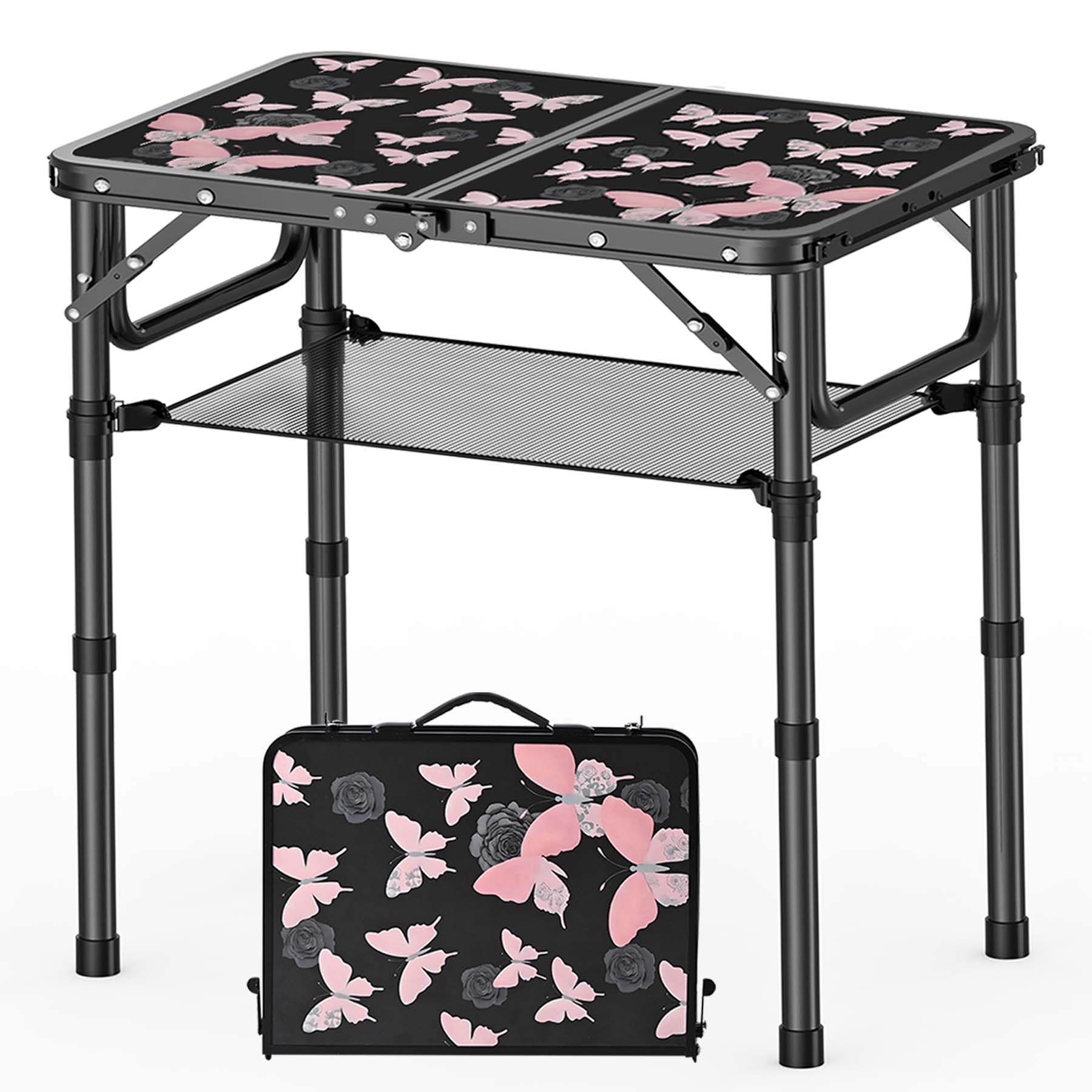 YihuiKo Small Camping Table, Vintage French Butterflies Pattern Folding Table, Adjustable Height, Lightweight & Portable Outdoor