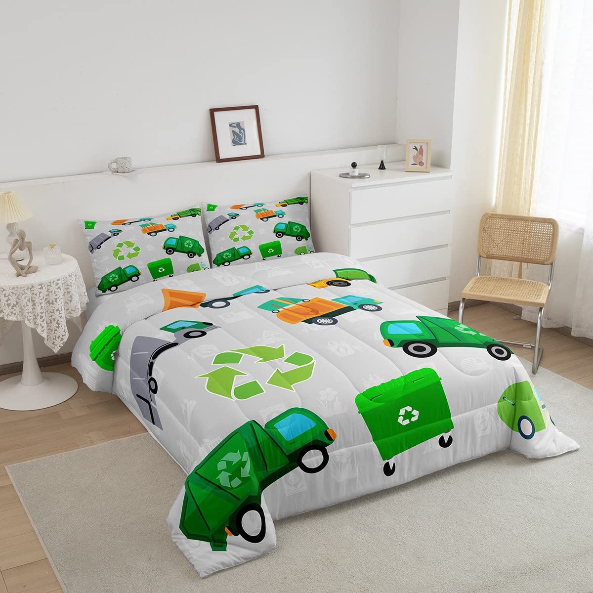 Feelyou Green Garbage Truck Twin Size Bedding Set Cartoon Trash Truck Comforter Set For Kids Boys Girls Teens Green Vehicle Car
