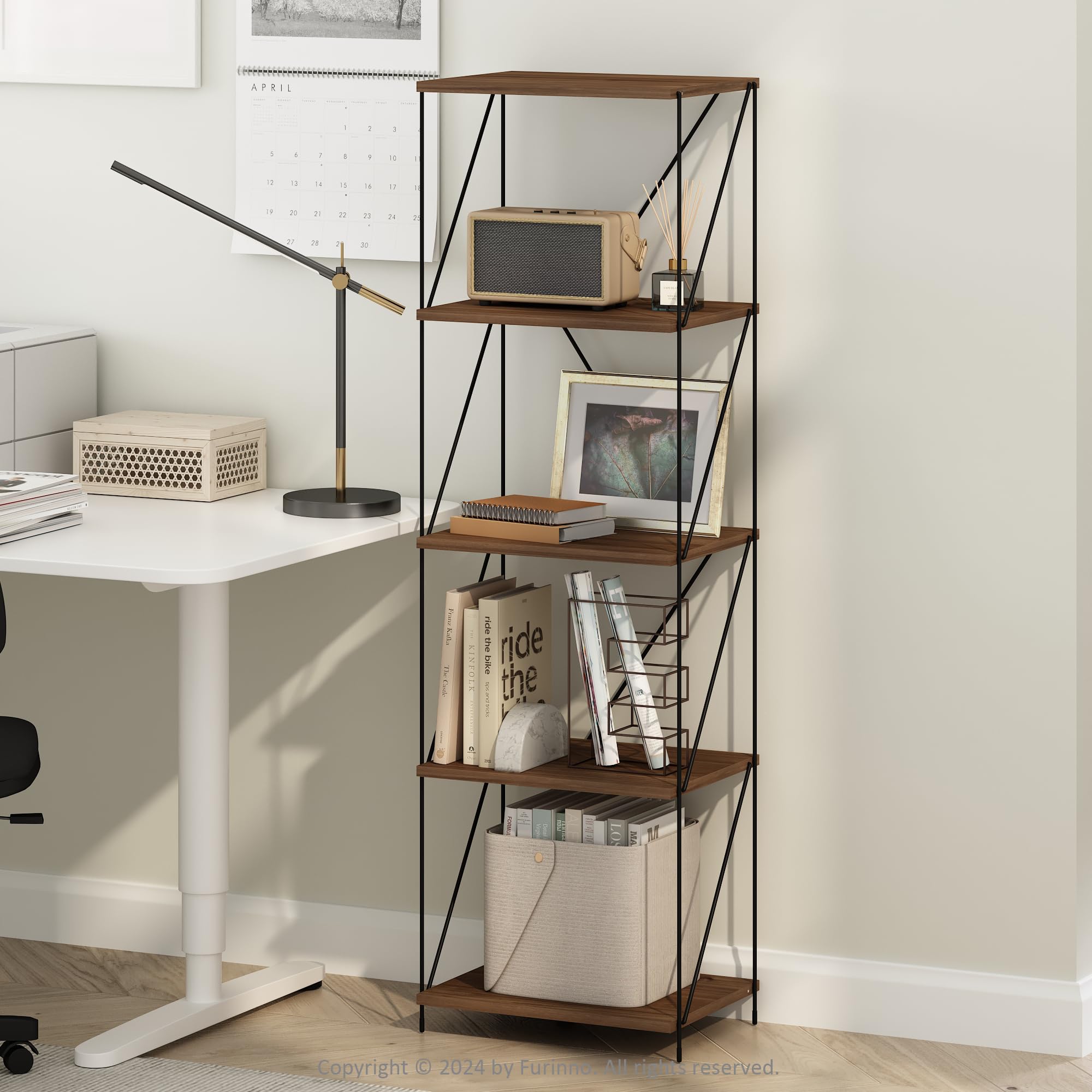 Furinno Wire 5-Tier Industrial Style Metal Frame Bookcase, Display Shelf, 16 Wide, Walnut Cove