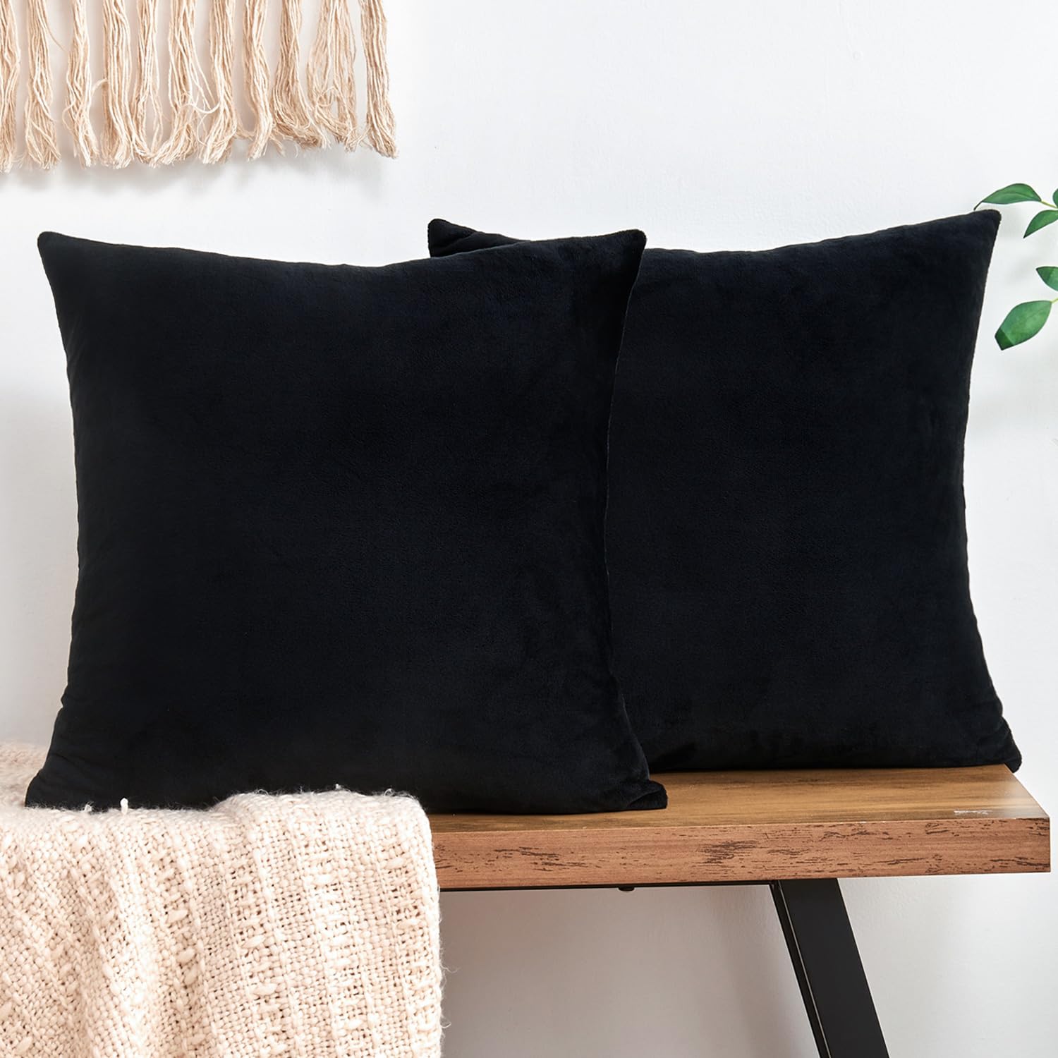 Grineed Throw Pillow Covers Decorative Velvet Set Of 2 24X24 Inch Pillow Covers, Soft Black Large Pillowcases For Couch Sofa Bed