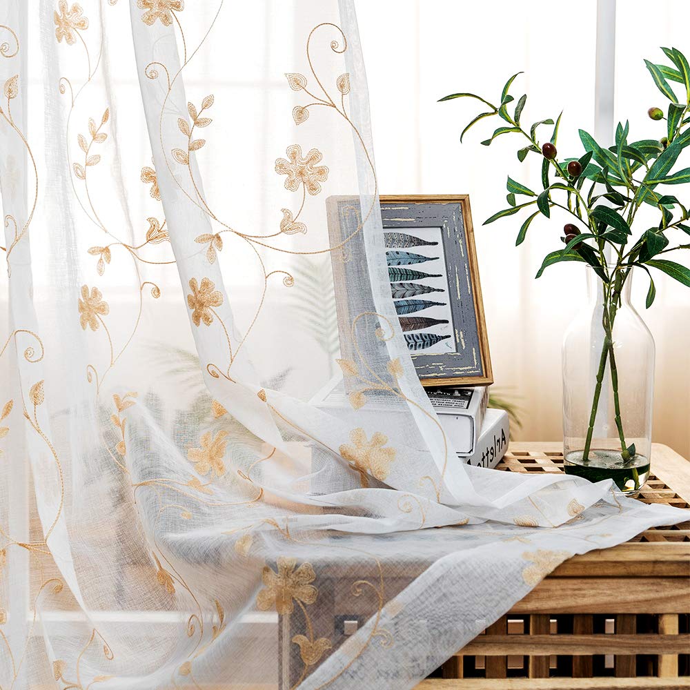 Floral Embroidery Gold Sheer Curtains 84 Inches Long, Rod Pocket Sheer Drapes For Living Room, Bedroom, 2 Panels, 52'X84', Sem