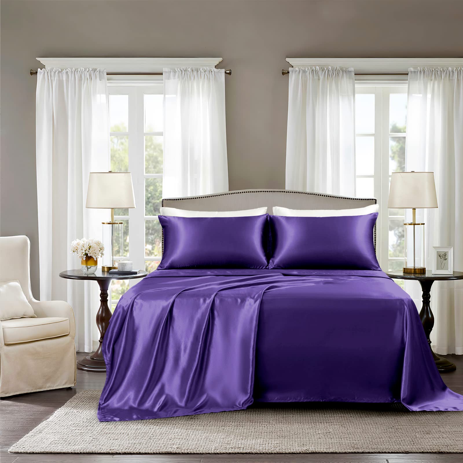 GOLAL Queen Satin Bed Sheets Set - 4 Pieces Luxury Soft Dark Purple, Wrinkle-Free with Fitted, Flat Sheet & Pillowcases