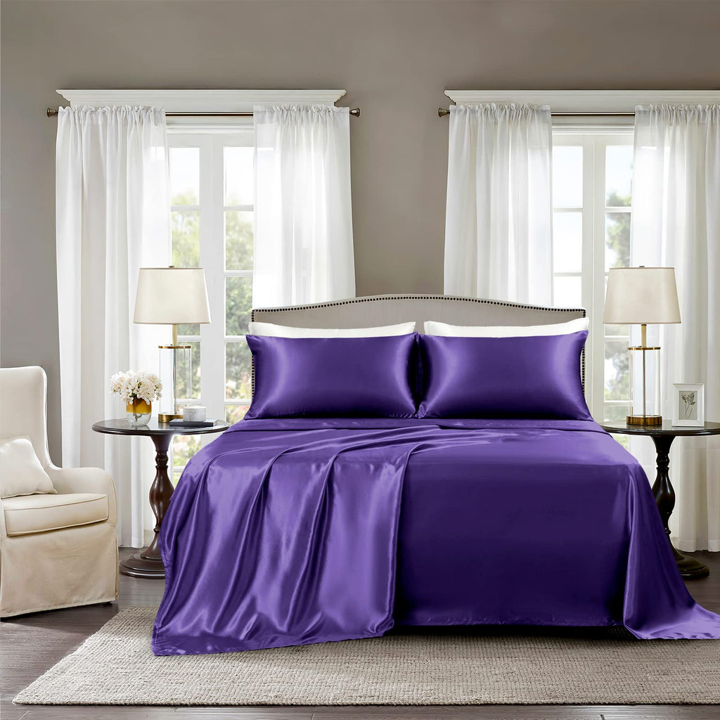 Golal Satin Sheets King Size - 4 Pieces Luxury Silky Soft Bed Sheets, Wrinkle-Free Dark Purple Satin Silk Sheet Set With 1 Deep Pocket Fitted Sheet, 1 Flat Sheet, 2 Pillow Cases