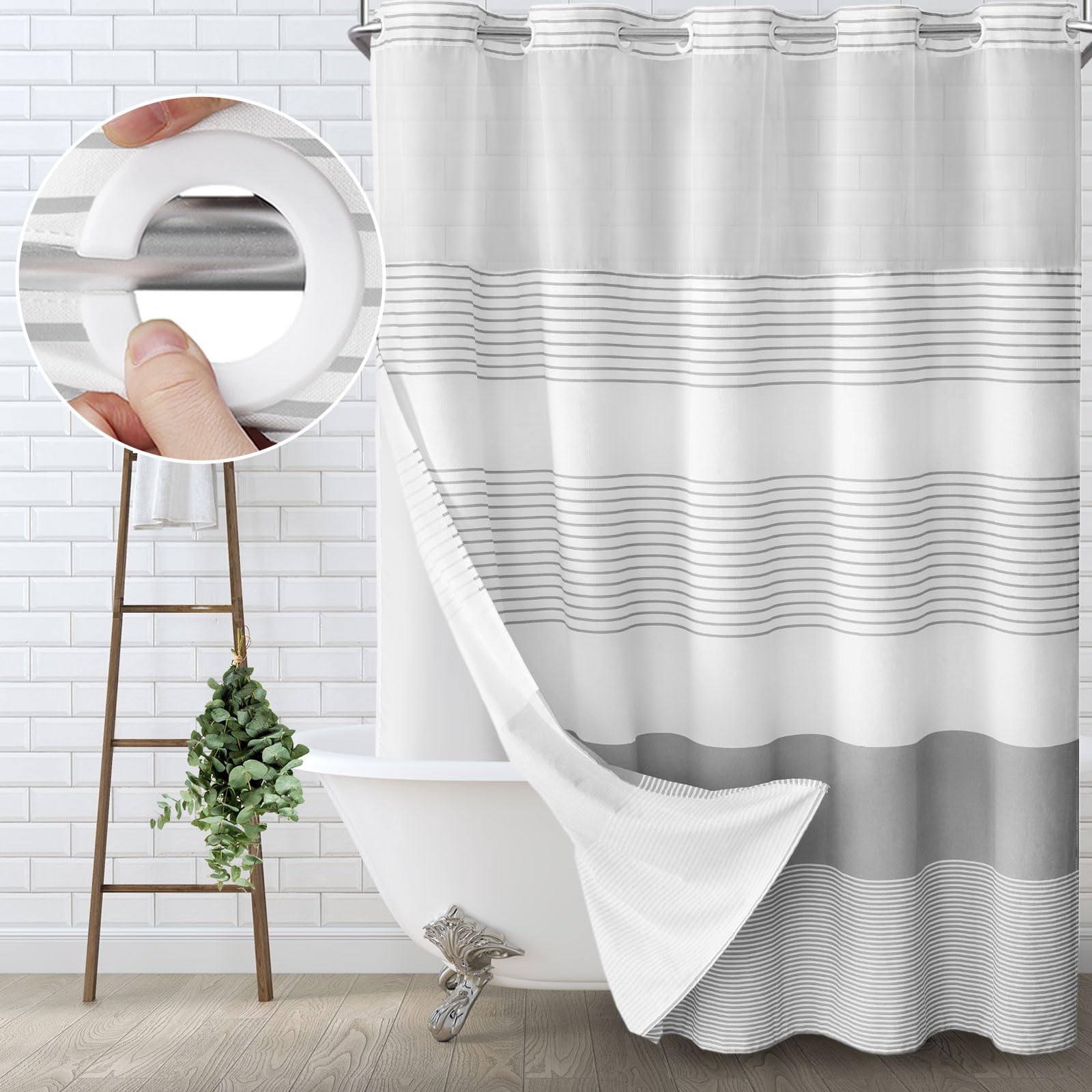 Awellife No Hook Shower Curtain with Snap in Liner Set Cotton and Linen Blend Shower Curtain for Bathroom Boho Gray Striped 75''