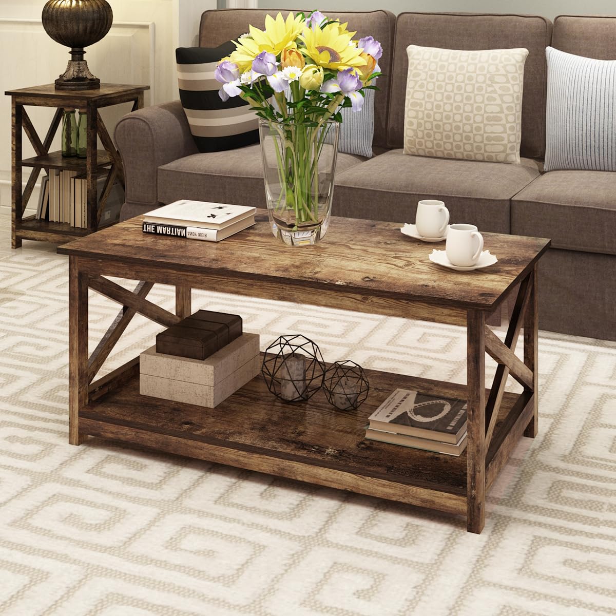 Rainbow Sophia Coffee Table, Modern Farmhouse Wood Coffee Table With 2-Tier Storage, 40 Inch, Rustic