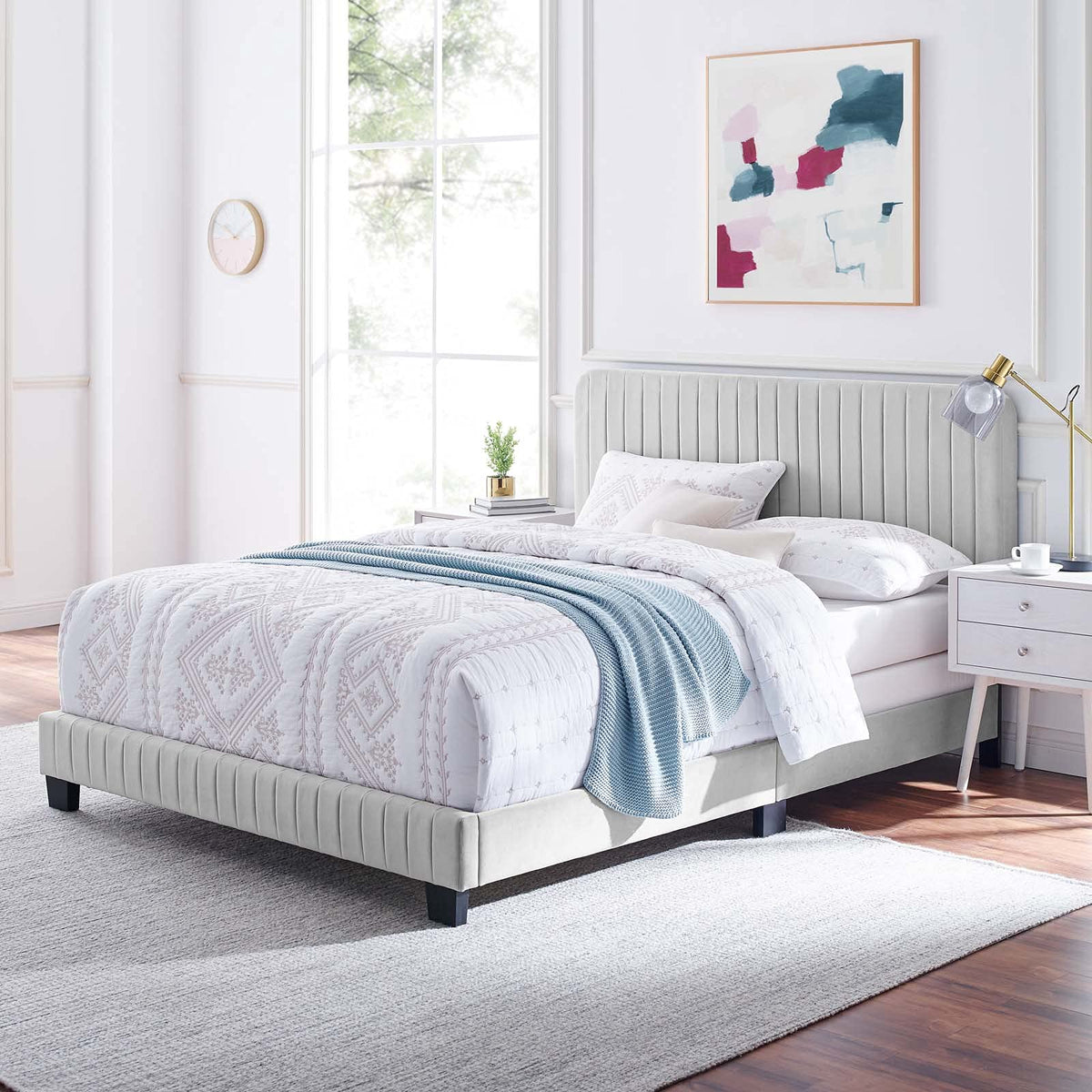 Modway Celine Channel Tufted Performance Velvet Bed, King, Light Gray