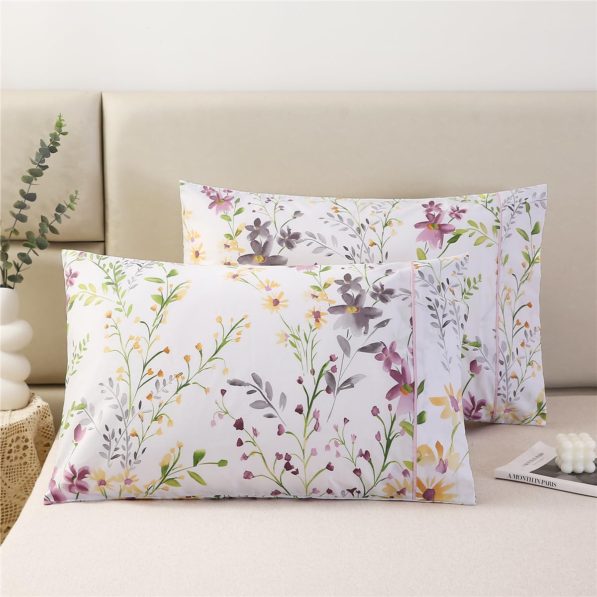 Urbonur 100% Cotton Pillowcases Set Of 2 Standard Size Floral Printed Pillow Cases Soft Breathable Cooling Pillowcase Decorative