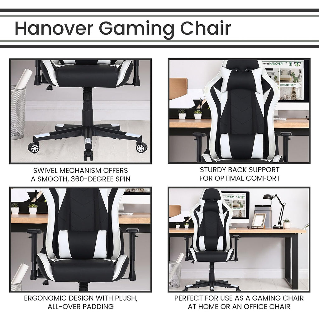 Commando Ergonomic Gaming Chair in Black and White with Adjustable Gas Lift Seating, Lumbar and Neck Support