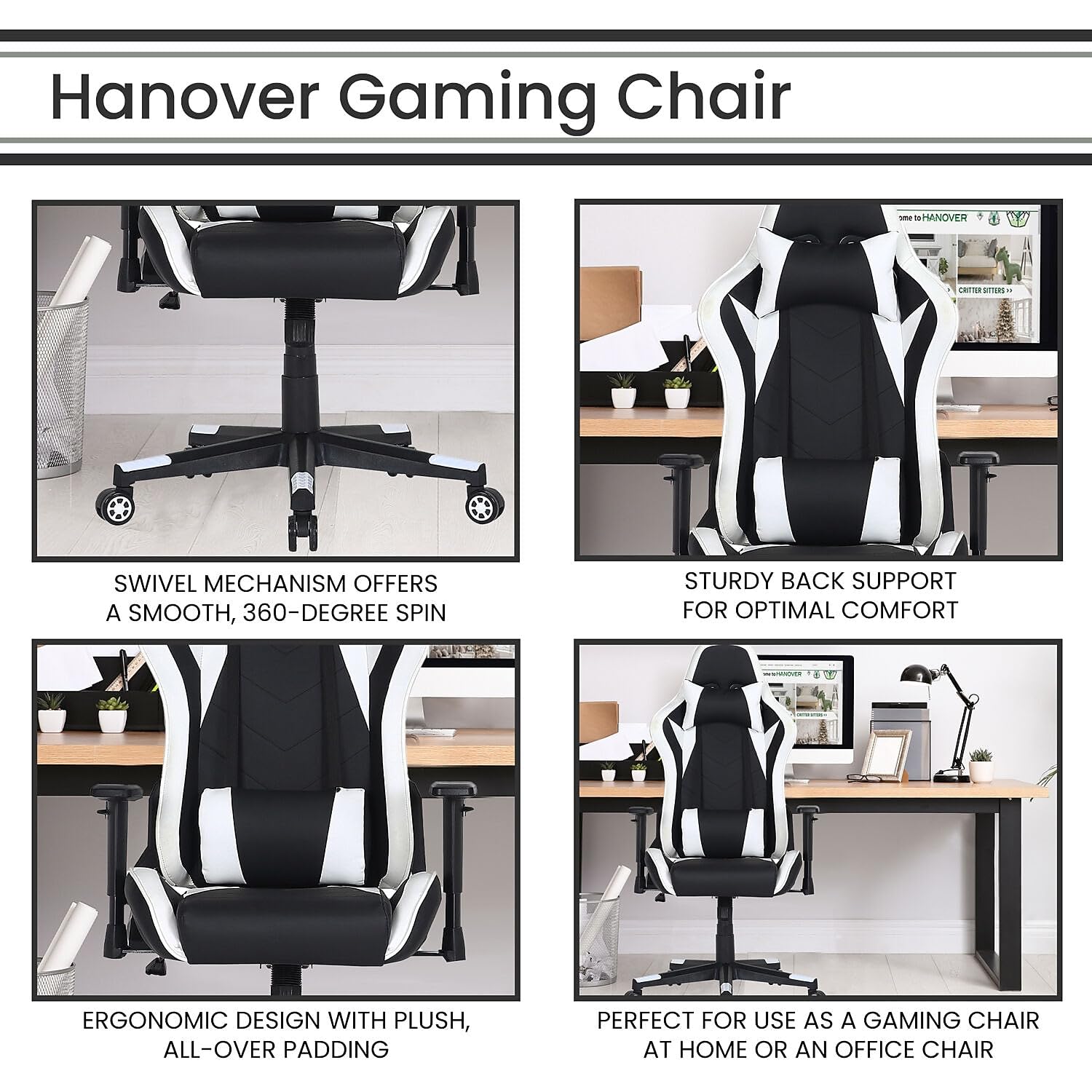 Commando Ergonomic Gaming Chair in Black and White with Adjustable Gas Lift Seating, Lumbar and Neck Support