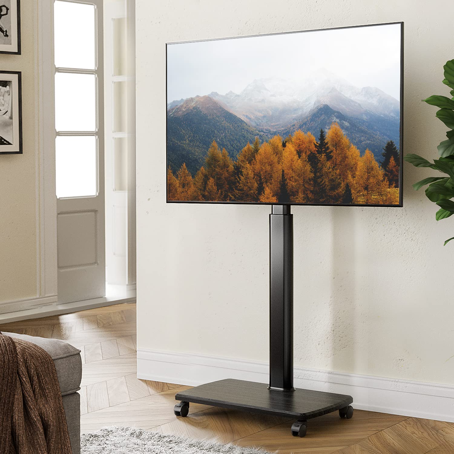 Fitueyes Rolling Tv Floor Stand For 32 To 65 70 Inch Tvs, Portable Tall Tv Stand On Wheels, Black Mobile Tv Cart With Castors, Swivel Mount, Corner Tv Stands For Bedroom, Outdoor, Small Dorm