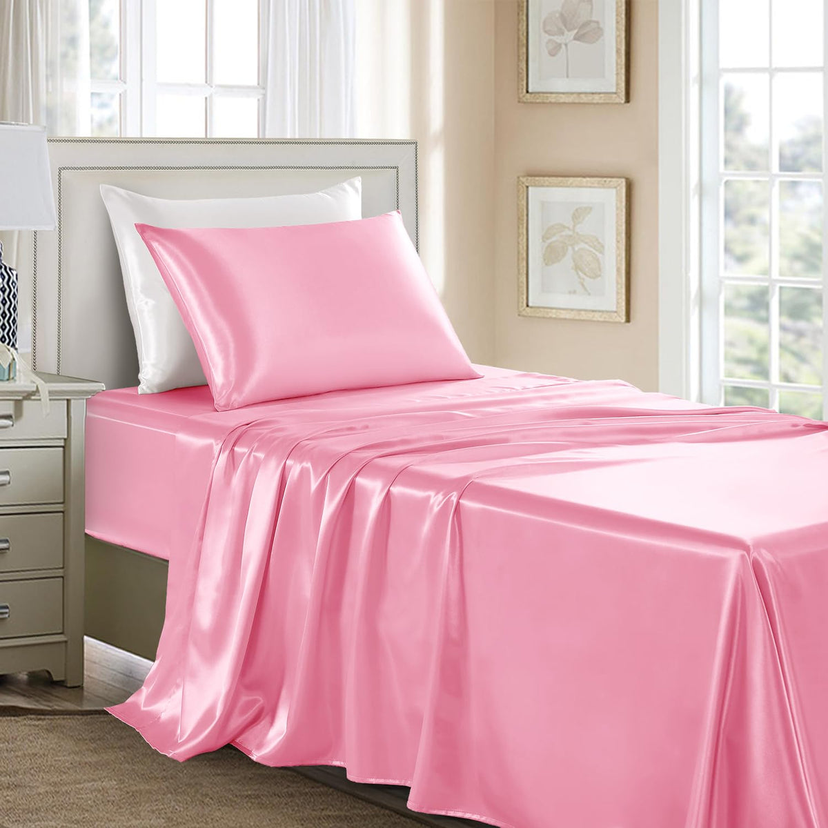 Golal Satin Sheets Twin Xl Size - 3 Pieces Luxury Silky Soft Bed Sheets, Wrinkle-Free Light Pink Satin Silk Sheet Set With 1 Dee