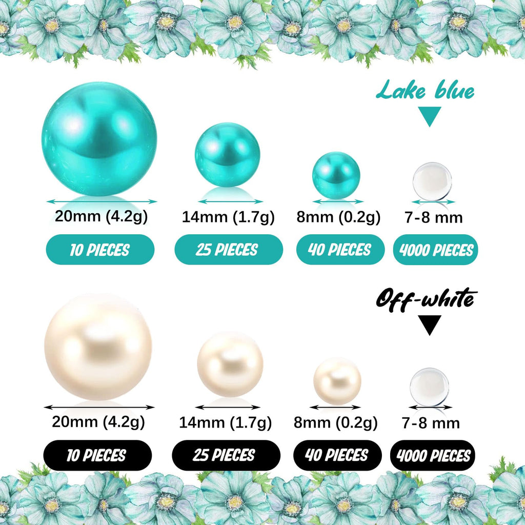 Teal White Floating Pearls | 150Pcs Teal White Pearls Bead For Centerpieces Vases, Teal White No Hole Beads | 8/14/20 Mm Floatin