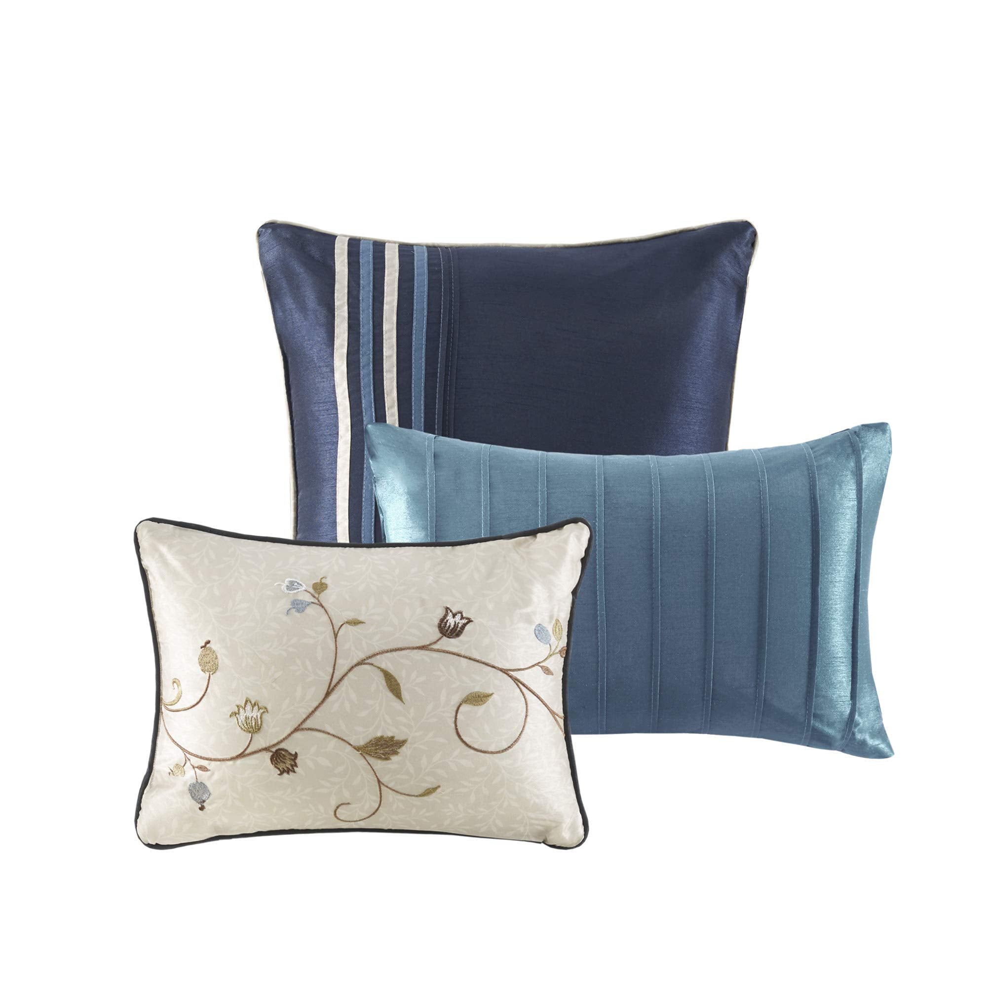 Madison Park Serene Faux Silk Comforter Set - Floral Embroidery Design, All Season Bedding Set, Matching Bed Skirt, Decorative Pillows, Navy Queen(90'X90') 7 Piece