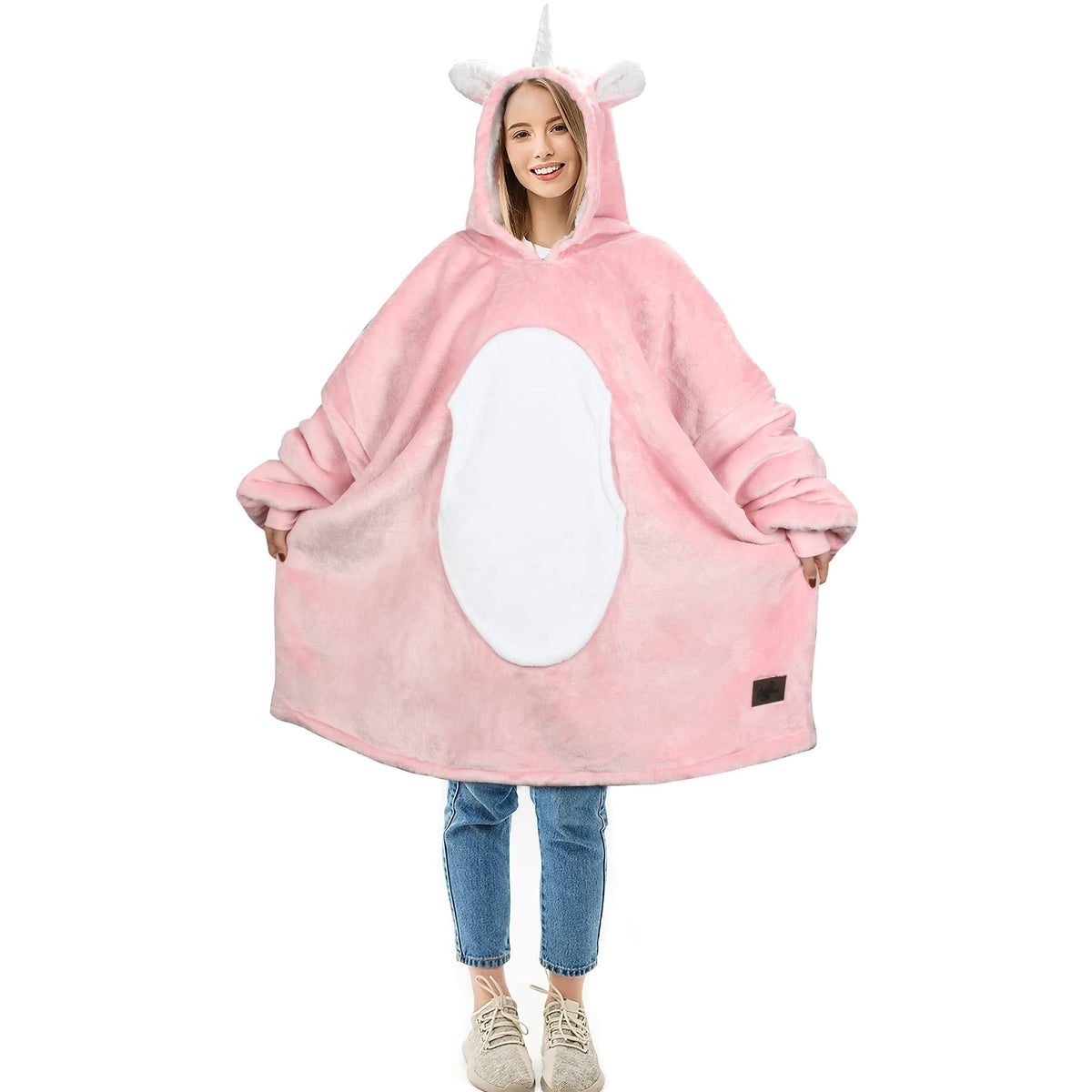 Solaris Pink Unicorn Wearable Blanket Hoodie With Large Pocket, Warm Super Soft Cozy Sherpa Sweatshirt Hoodie For Women, Best Gi