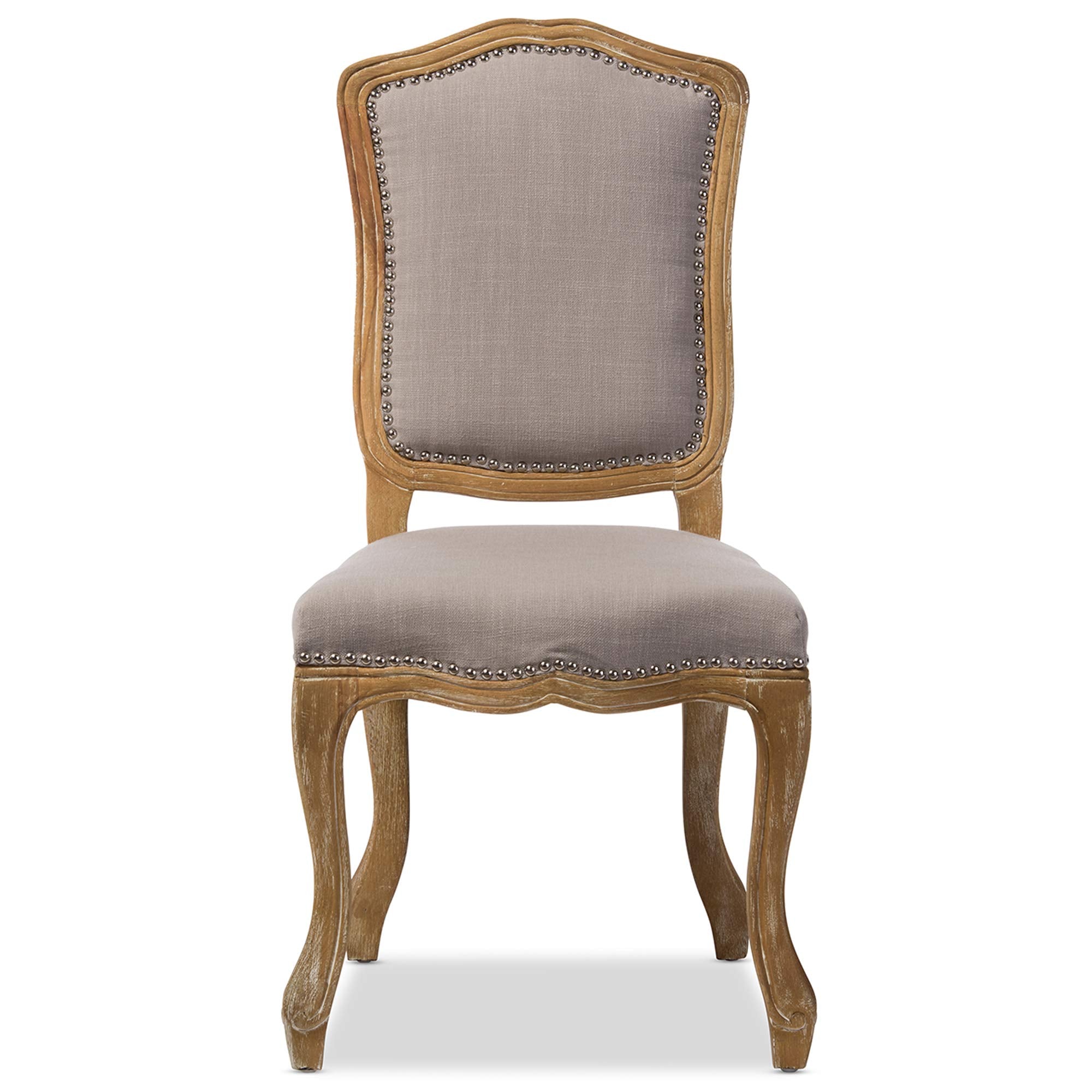 Baxton Studio Chateauneuf French Vintage Cottage Weathered Oak Linen Upholstered Dining Side Chair, Medium, Beige