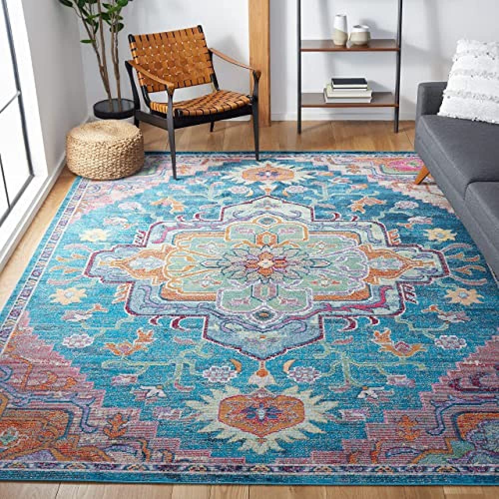 SAFAVIEH Crystal Collection Area Rug - 5 x 8, Teal & Rose, Medallion Distressed Design, Non-Shedding & Easy Care, Ideal for Hi