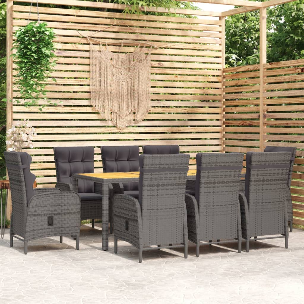 vidaXL Patio Dining Set 9 Piece Garden Outdoor Lawn Yard Terrace Balcony Reclining Table and Chair Seat Seating Recliner Furniture Poly Rattan Gray