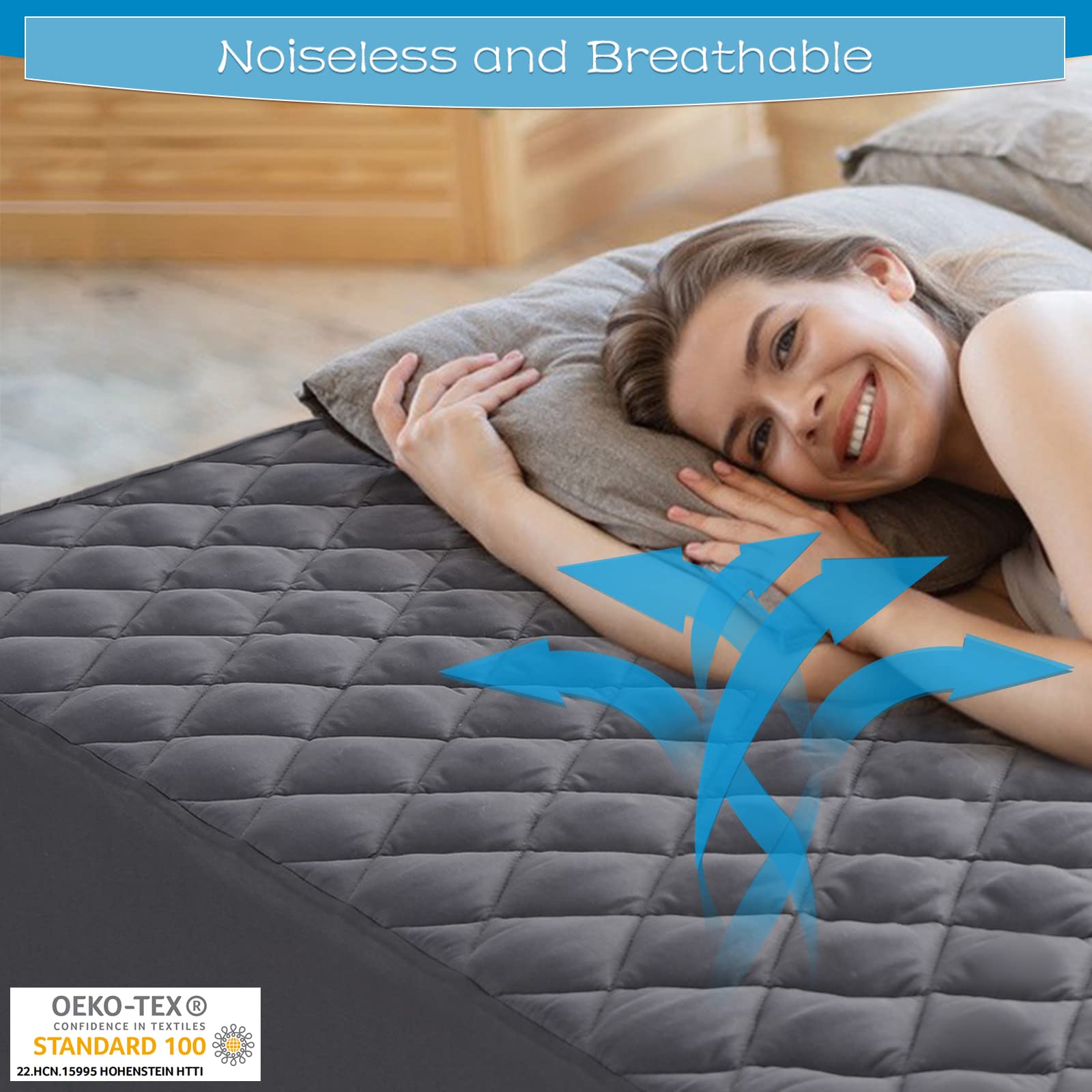 Grt Twin Size Grey Quilted Fitted Mattress Pad, 100% Waterproof Breathable Mattress Protector, Noiseless Hollow Cotton Mattress