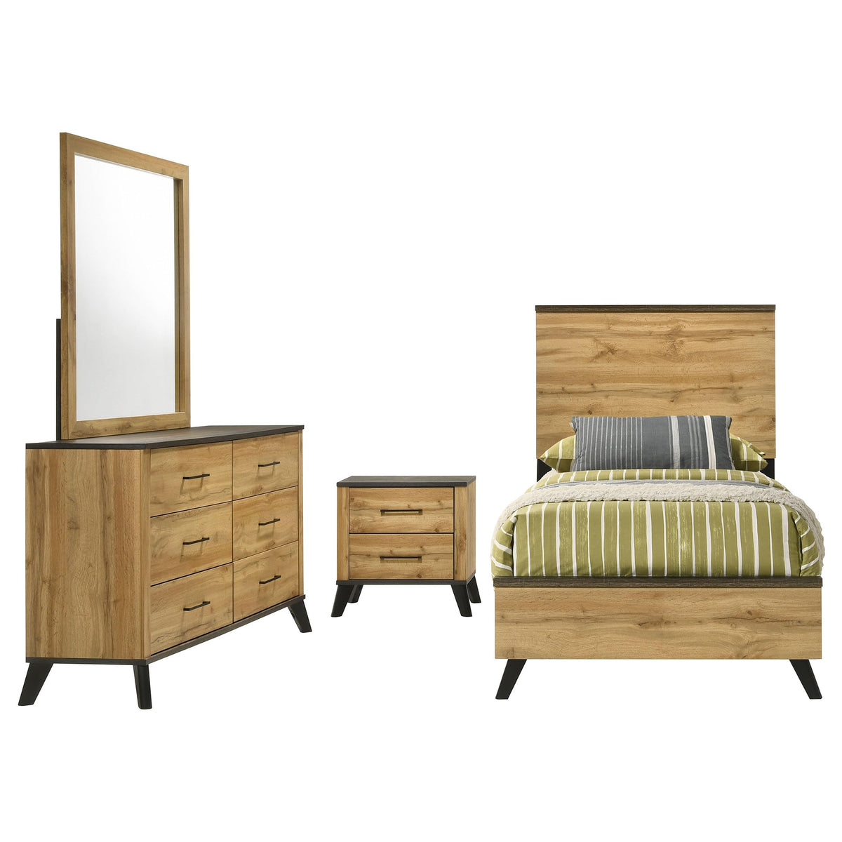 Coaster Home Furnishings Kaywood Mid-Century Modern 4-Piece Bedroom Set Twin Size Panel Bed Frame 52-inch Headboard Weathered Brown and Natural Pine 225001T-S4