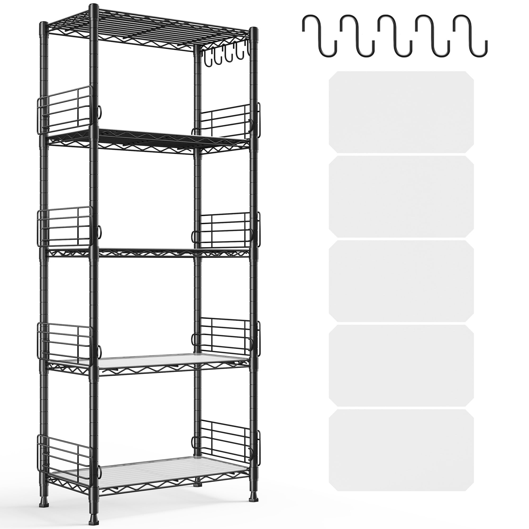 REIBII 5-Tier Storage Shelves Wire Shelving Unit with Side Blockers Adjustable Metal Shelves for Storage Rack with 5 Hooks & She
