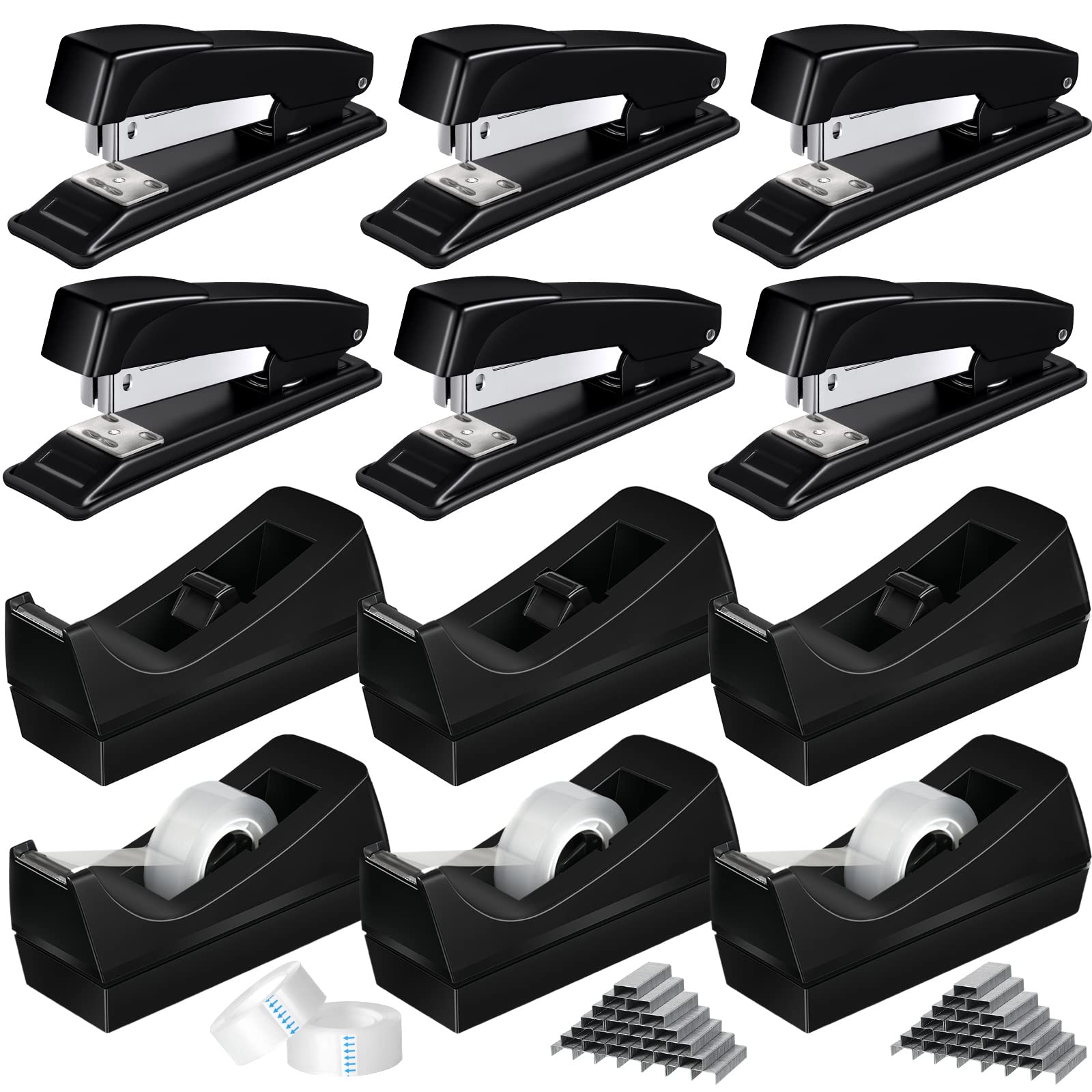 Thenshop 12 Pcs Desk Staplers Tape Dispensers Sets Black Staplers For Desk Office Stapler With Standard Staples Black Tape Holde
