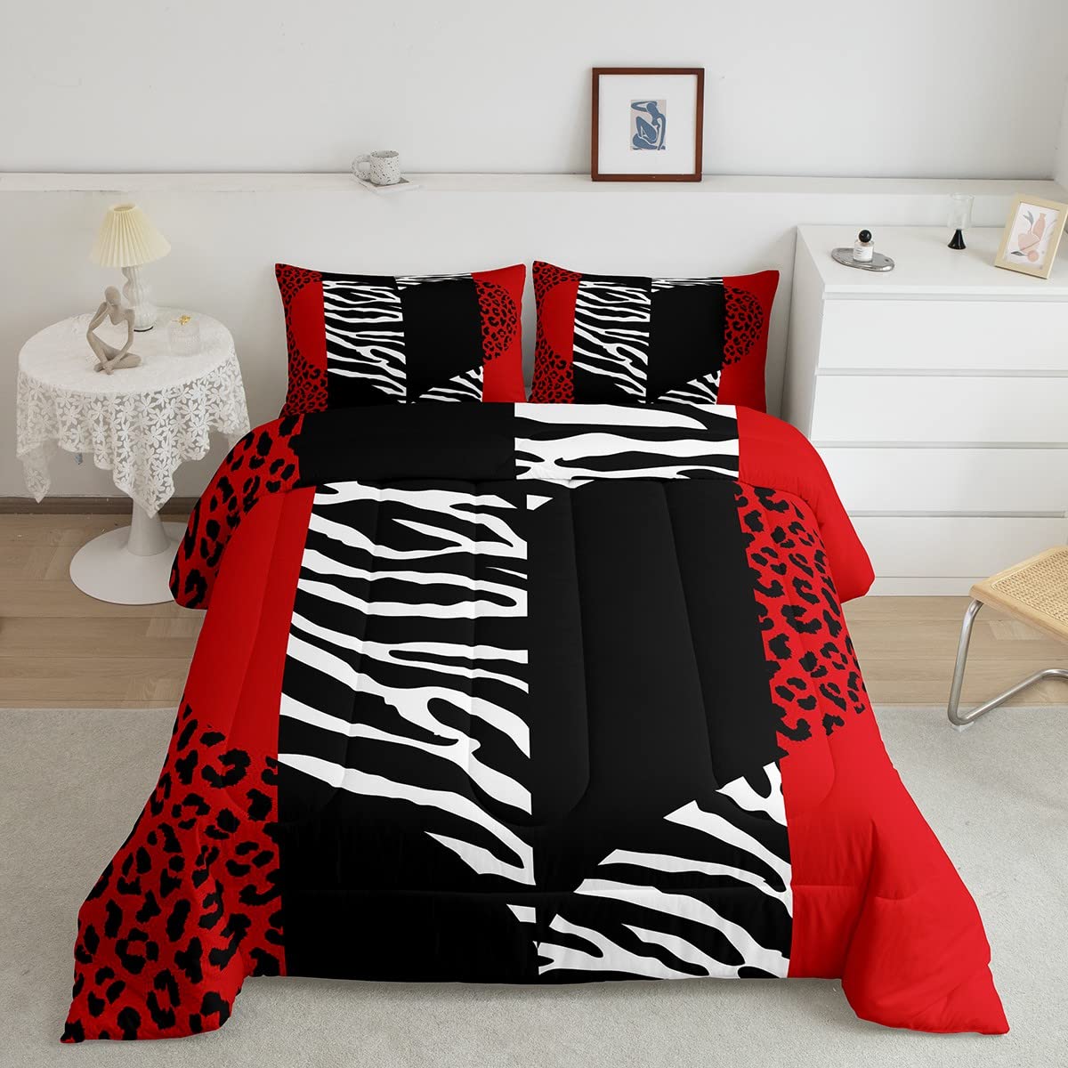 Leopard Zebra Comforter Set King Size,Wild Animals Skin Bedding Set 3Pcs For Teens Adults Room Decor,Red Black Geometric Striped Heart Quilt Set Romantic Microfiber Duvet Insert With 2 Pillowcases