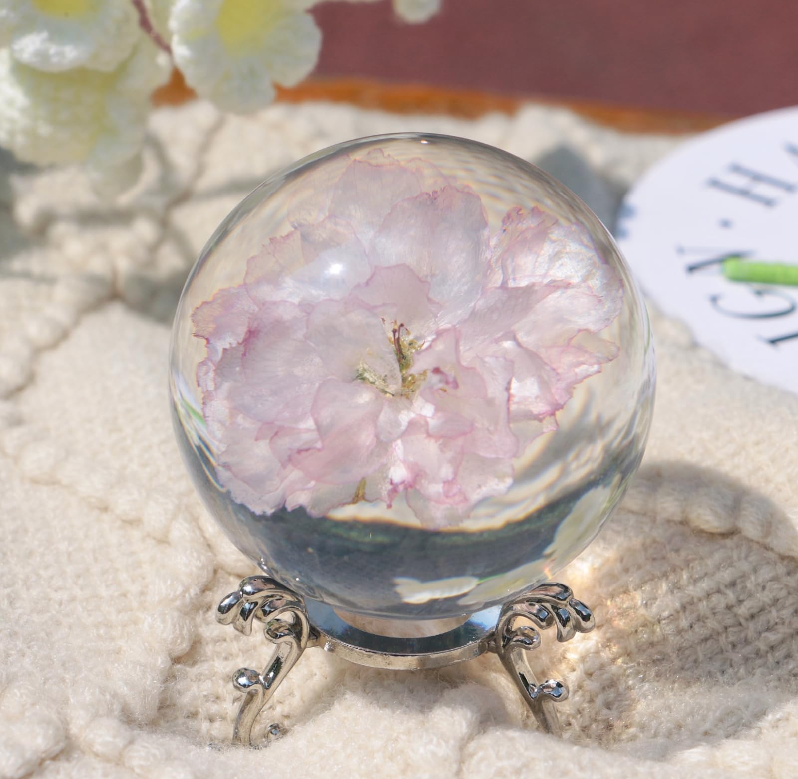 Pletmin Real Sakura Paperweight, 65mm Cherry Blossom Resin Crystal Ball with Stand, Desk Ornament for Office Home, Gift for Wome