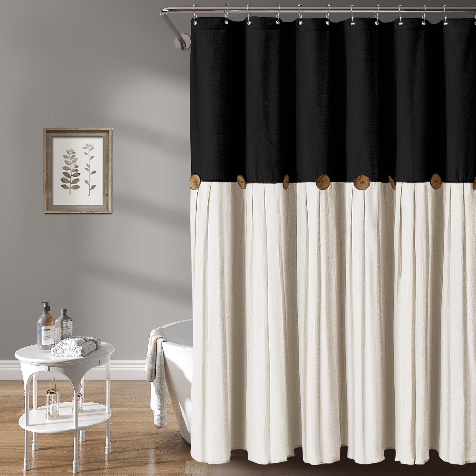 Awellife Linen Button Farmhouse Beige Shower Curtain,Linen And Cotton Woven Fabric,Pleated Brown Stripe,Country Style (Black & C