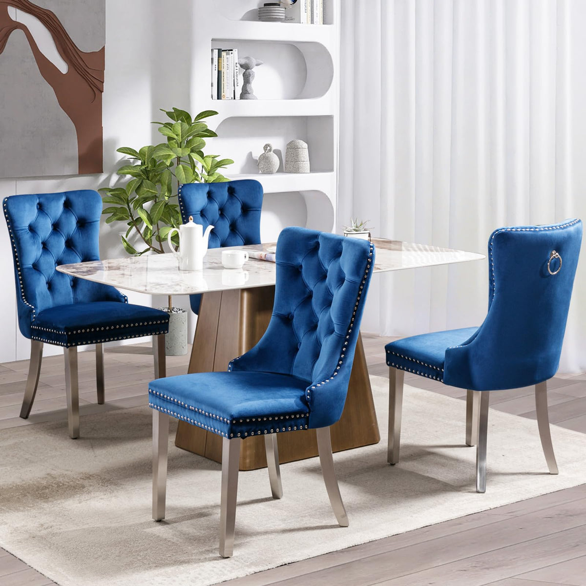 Soarflash Velvet Dining Chair Set Of 4, Upholstered Tufted Dining Room Chair With Nailhead Trim And Solid Silver Plated Leg For