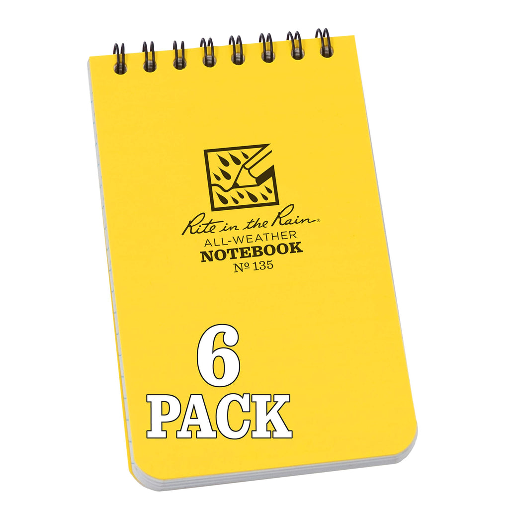 Rite In The Rain Weatherproof Top Spiral Notebook, 3' X 5', Yellow Cover, Universal Pattern, 6 Pack (No. 135L6)