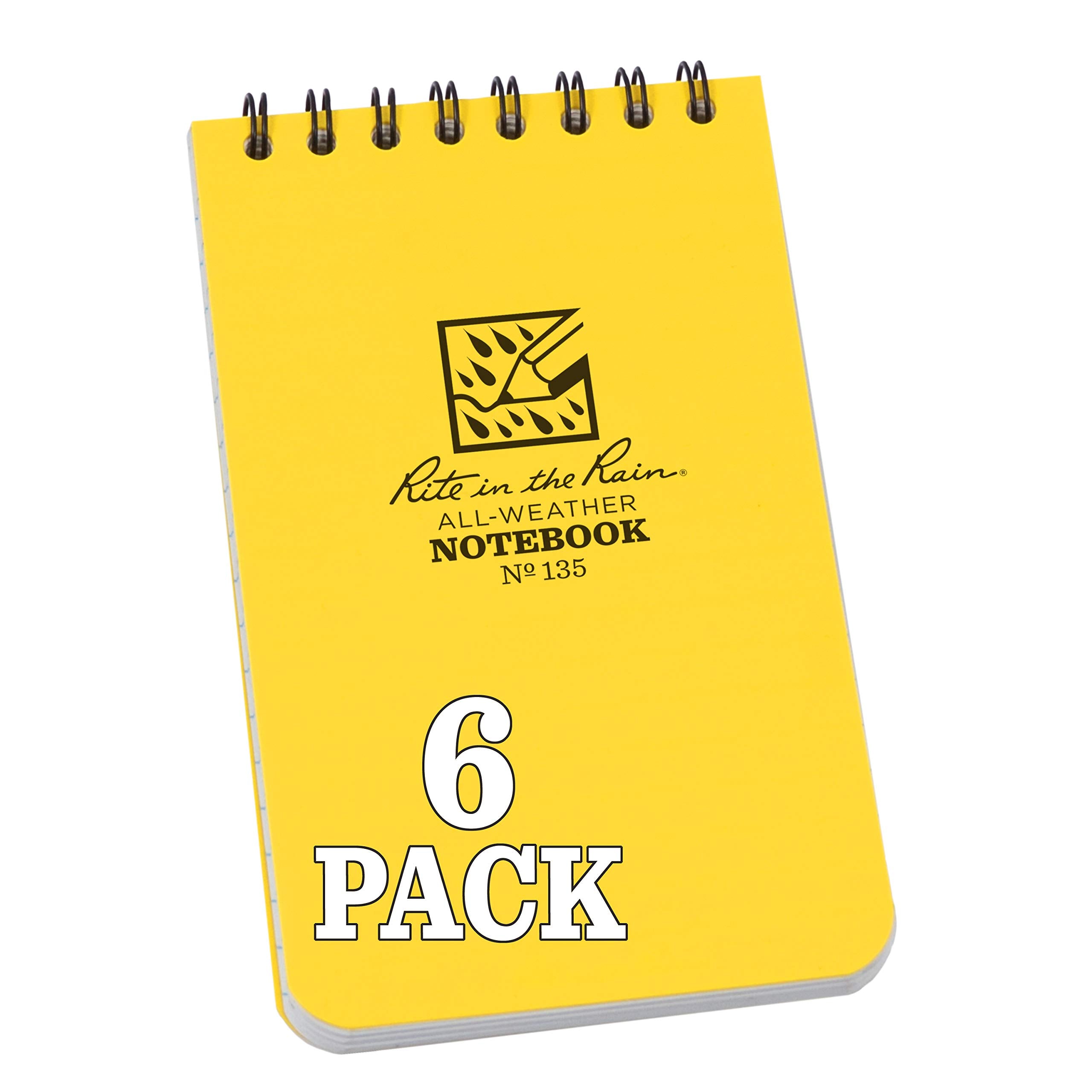 Rite In The Rain Weatherproof Top Spiral Notebook, 3' X 5', Yellow Cover, Universal Pattern, 6 Pack (No. 135L6)