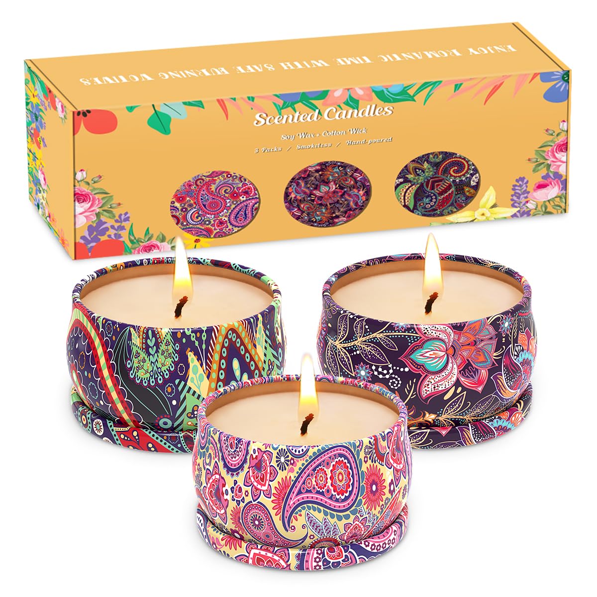 Scented Candles Gift Set for Christmas Thanksgiving, 3 Packs Natural Soy Wax Portable Travel Tin Candle, Bohemia Aromatherapy Gi