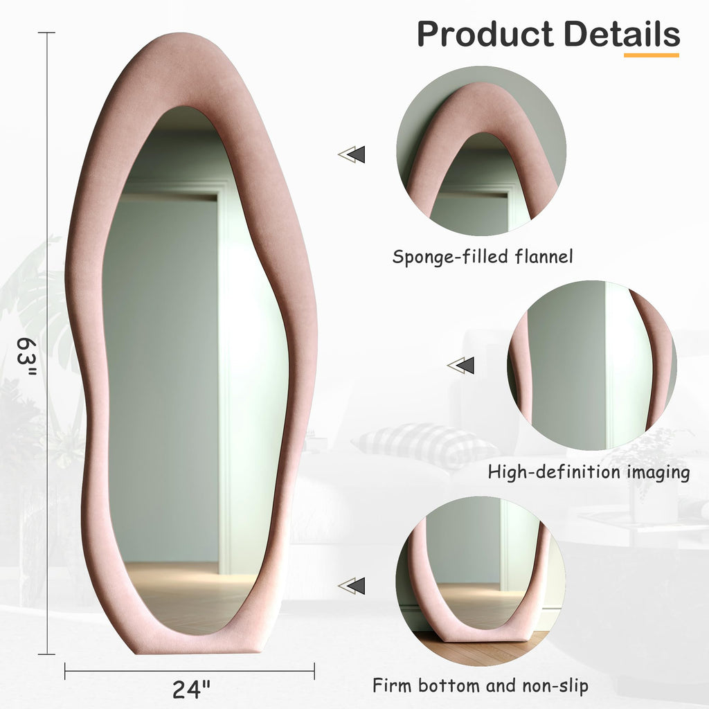 Honyee Full Length Mirror, 63'' X 24'' Wall Mirror, Flannel Wrapped Wooden Frame Full Body Mirror, Irregular Wavy Mirror Hanging