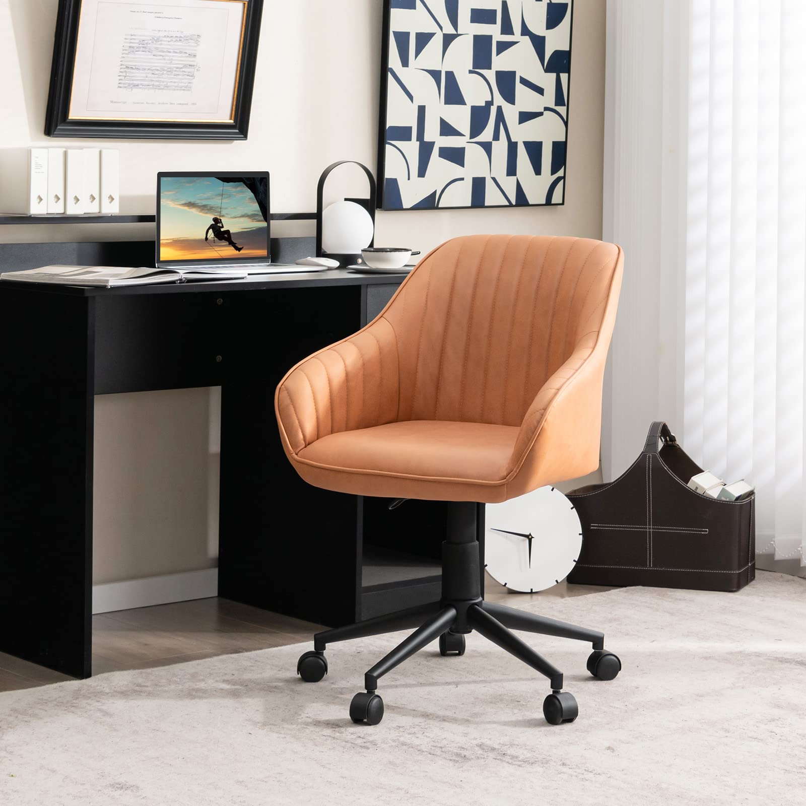 Costway Leather Home Office Chair, Adjustable Rolling Leisure Accent Chair With Ergonomic Arms & Backrest, Upholstered Mid-Back Computer Desk Chair For Home Office Living Room Study