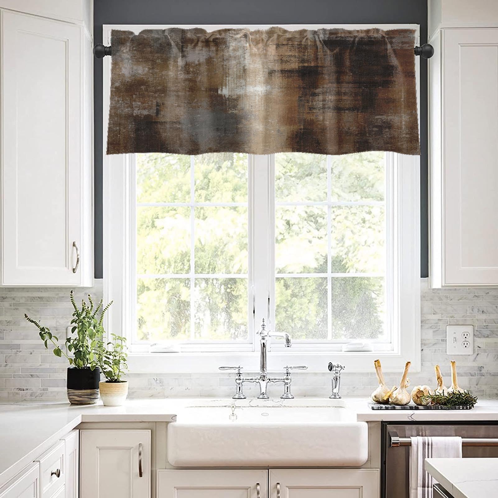 Emvency 2 Pack Valances Window Treatments, Abstract Dark Brown Art Painting Blackout Drapes Adjustable Curtain Valances For Wind
