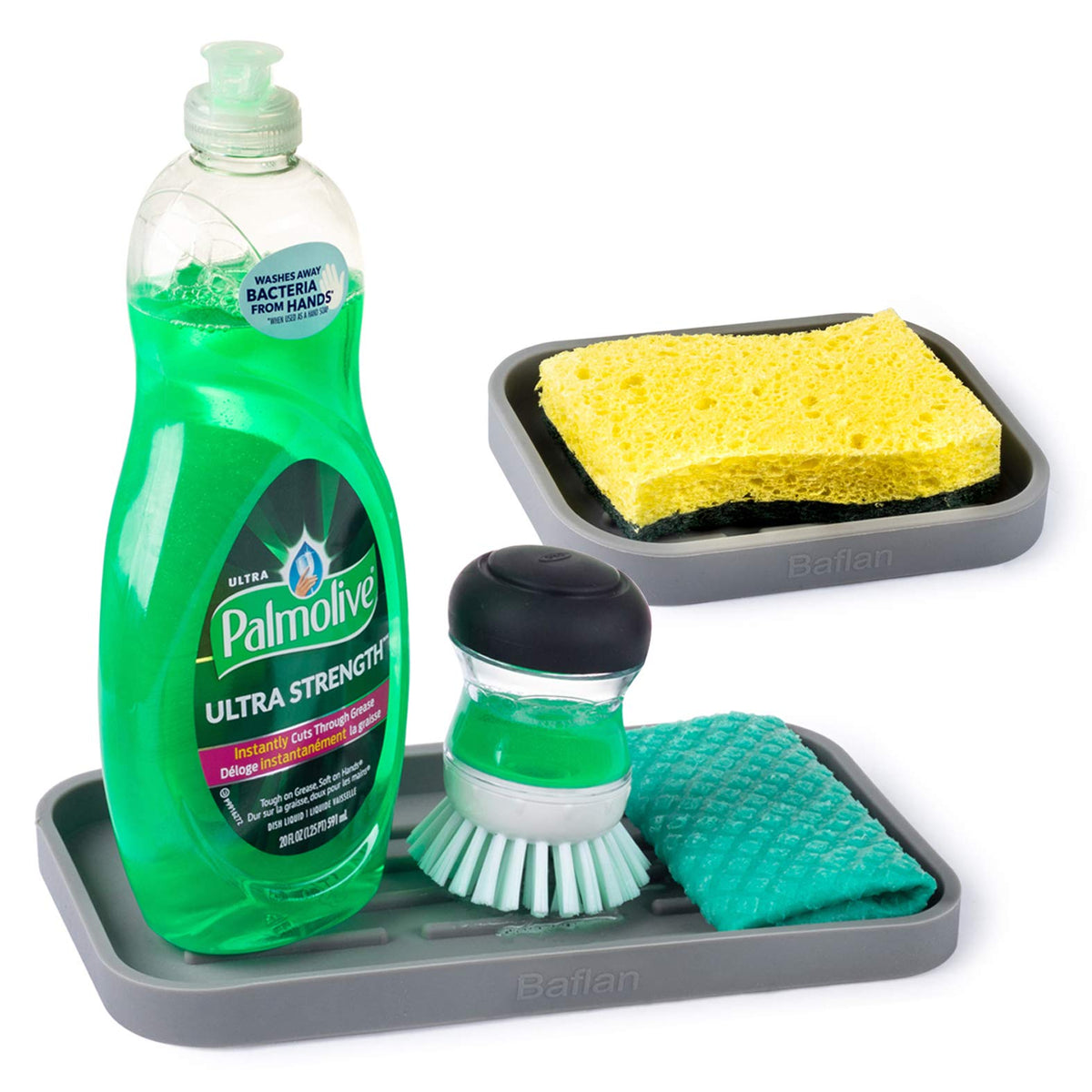 Silicone Sponge Holder (Pack of 2 Sizes) - Kitchen Sink Organizer Tray for Sponge, Scrubber, Soap - Gray