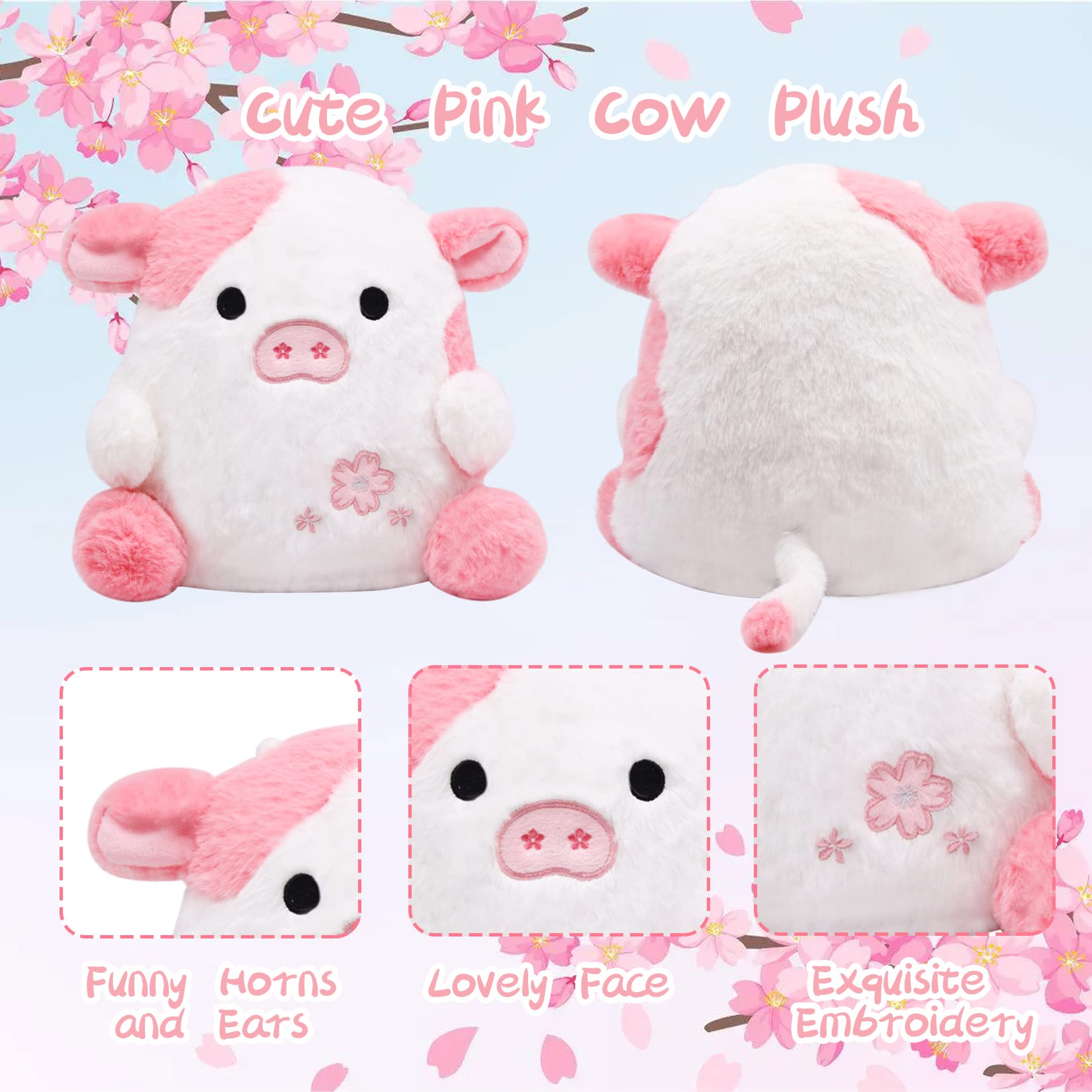 Lmtgldt Pink Cow Plush Doll, Kawaii Cow Stuffed Animals Sakura Plush Cow Hugging Cow Pillow, Cute Pink Cow Plushie Toy For Kids