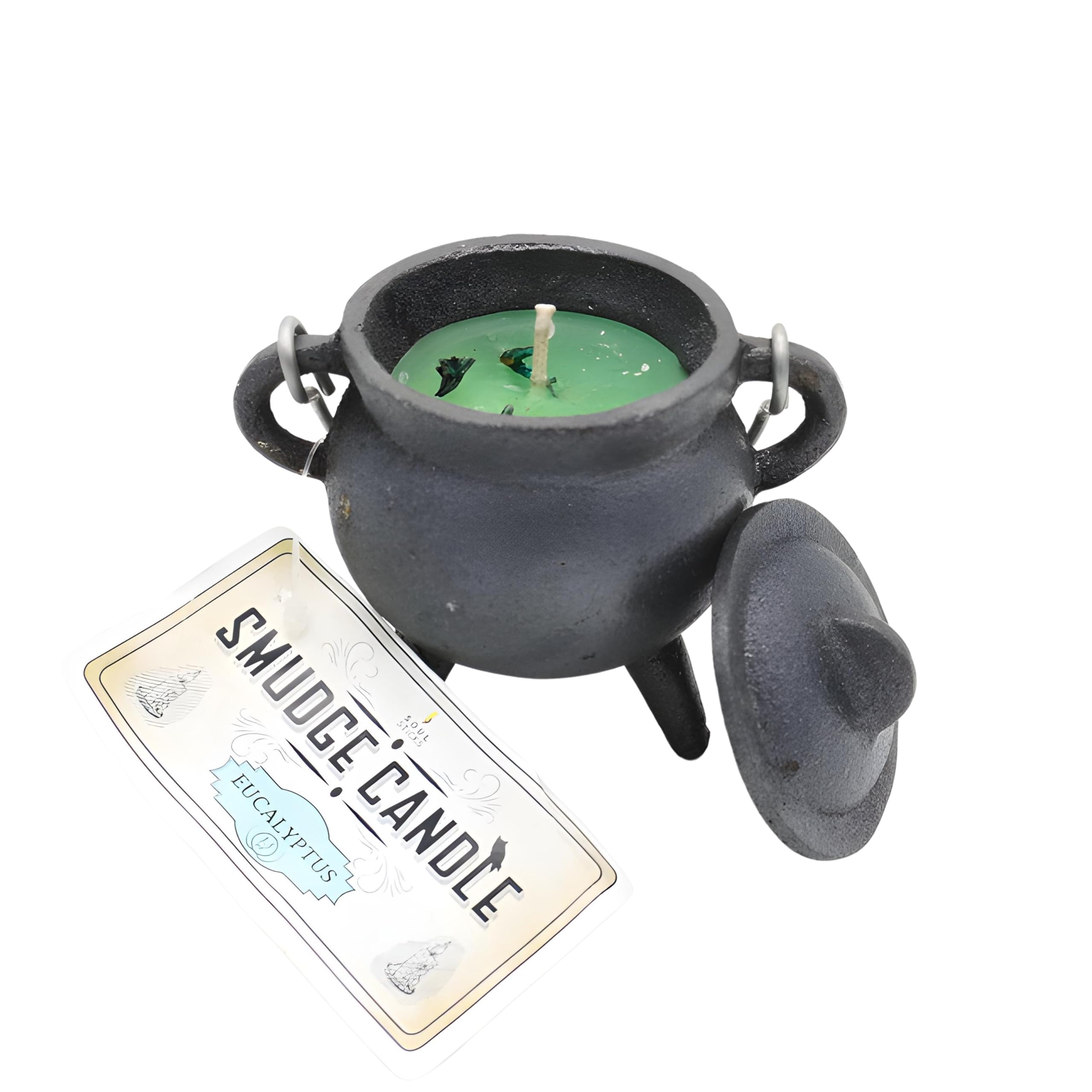 Reusable 4 Cast Iron Cauldron Candle with Lid and Hanging Handle for Spell Casting, Smudging, Ritual & Blessings Pot Belly Witch