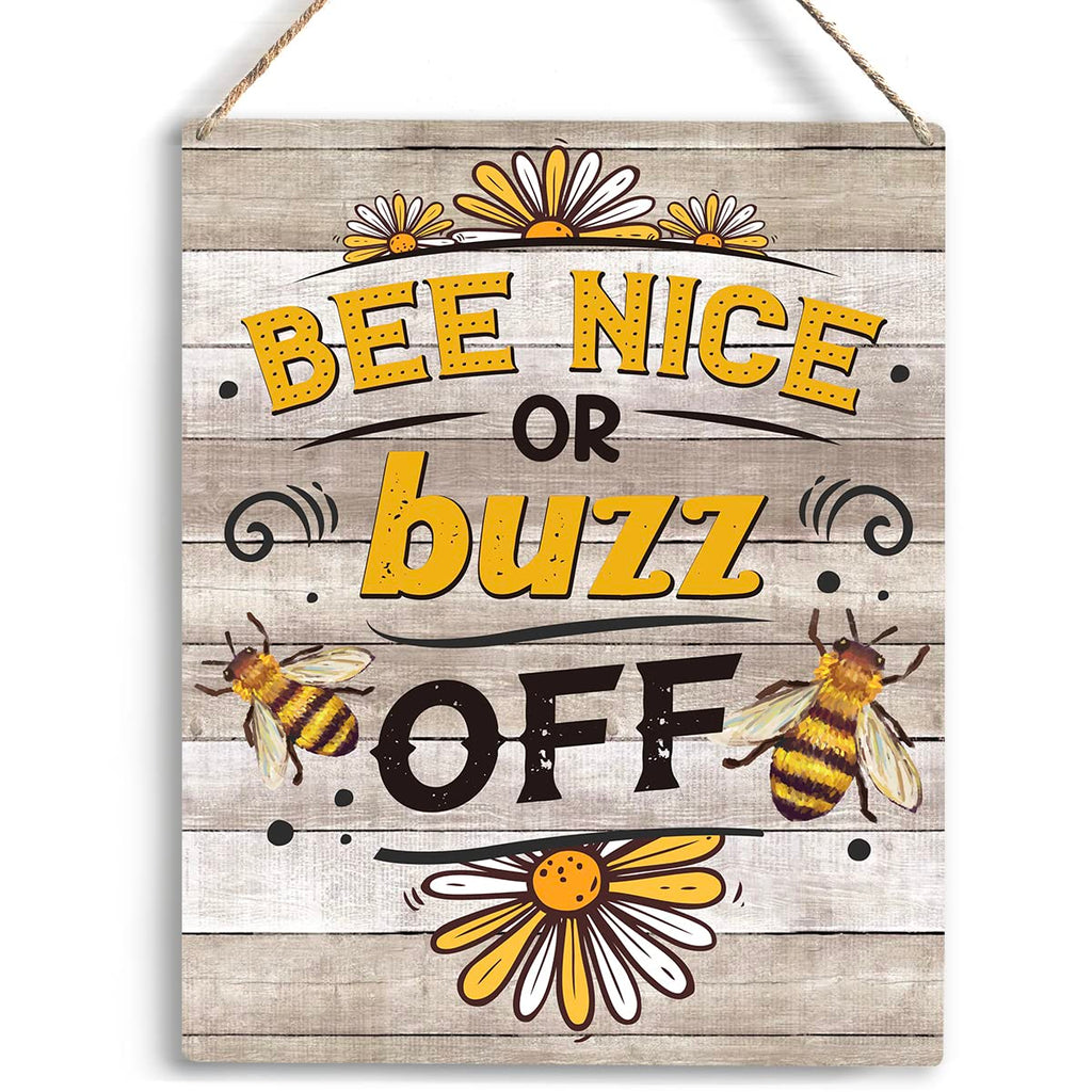 Bee Decor Bee Nice Or Buzz Off Wooden Hanging Sign Bee Kitchen Decor Rustic Farmhouse Decorations for Home Kitchen Sign 10x8 Inc