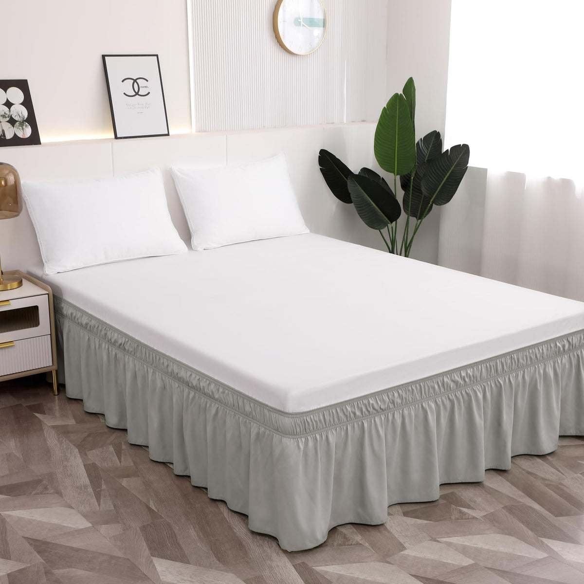 Toodou Easy to Install Wrap Around Bed Skirt Three Fabric Sides Elastic Dust Ruffled 21 Inch Tailored Drop, Fade Resistant-Gray,